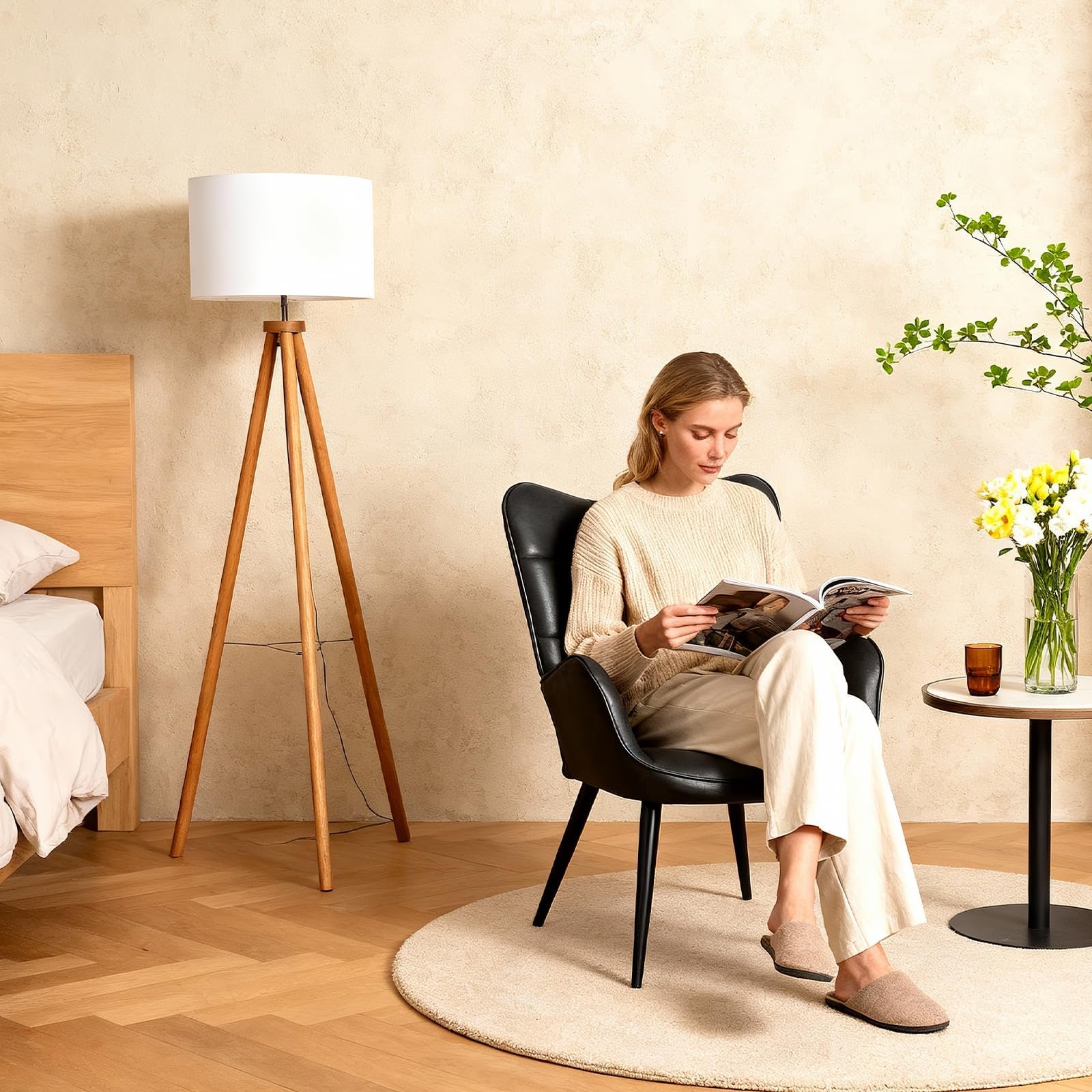 Relaxsessel Loungesessel Polstersessel Mit X-Holzrahmen & Wasserdicht, Kunstleder Ohrensessel Lesesessel Bequem Für Wohnzimmer Schlafzimmer Esszimmer Büro, Bis 150kg, Schwarz