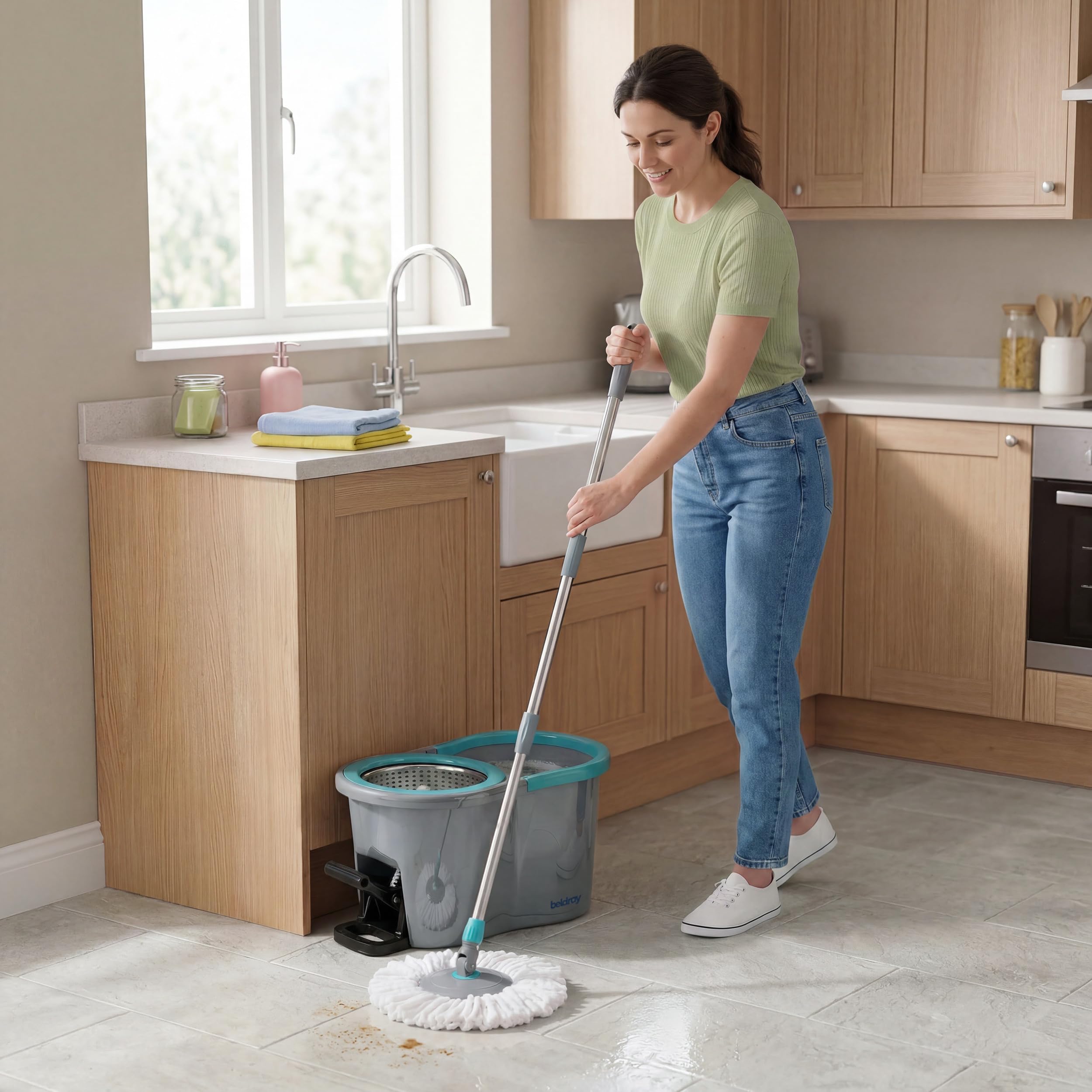 Beldray Juego de trapeadores y Cubos Antibac - Mopa de Hilo de 360°, Cubo de fregona de 4 litros, Sistema de Centrifugado accionado por Pedal, Fibras tratadas antibacterianas, LA036430UFFEU7 | Cubo centrifugado a pedal, 4 l de capacidad, fibras tratadas a