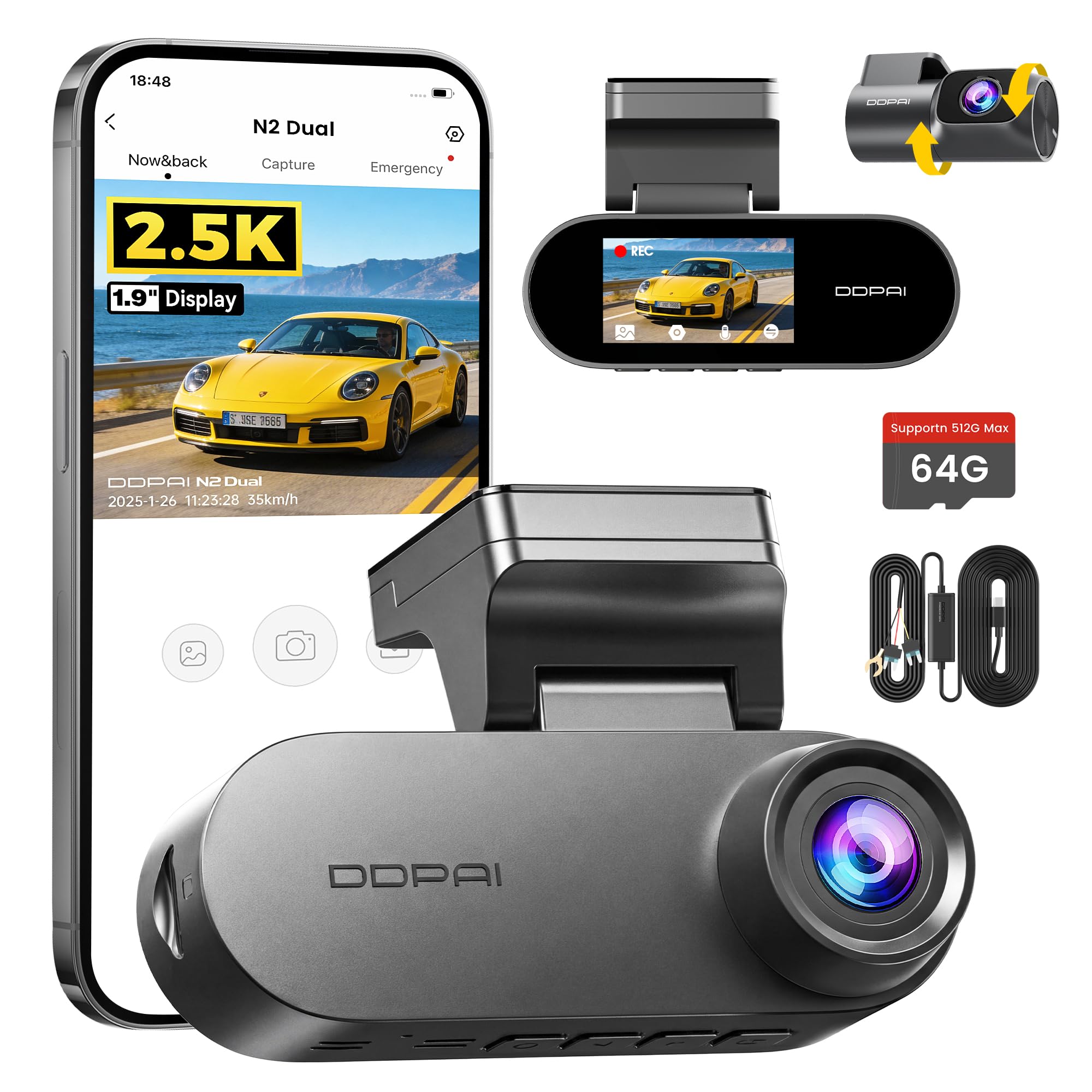 DDPAI N2 Dual kamera samochodowa z przodu, z tyłu, 2,5 K + 1080p UHD, 1,9" LCD, AI ISP noktowizor, WDR, ADAS, WiFi Dash Cam, tryb parkowania 24 godziny, obsługuje pamięć do 256 GB, nagrywanie w