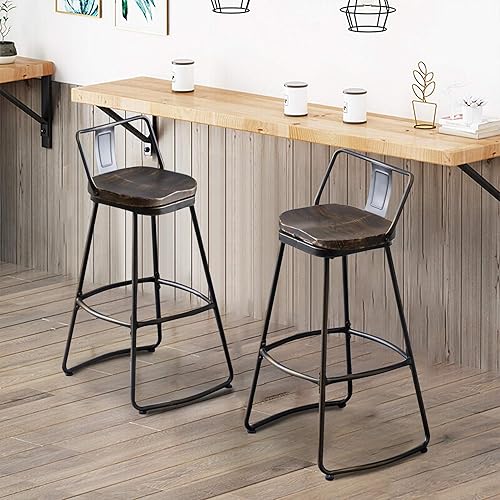 Miniatura 8 de Yongqiang Taburetes de bar giratorios de 30 pulgadas con respaldo, juego de 2 taburetes de bar industriales de altura con asiento de madera, negro