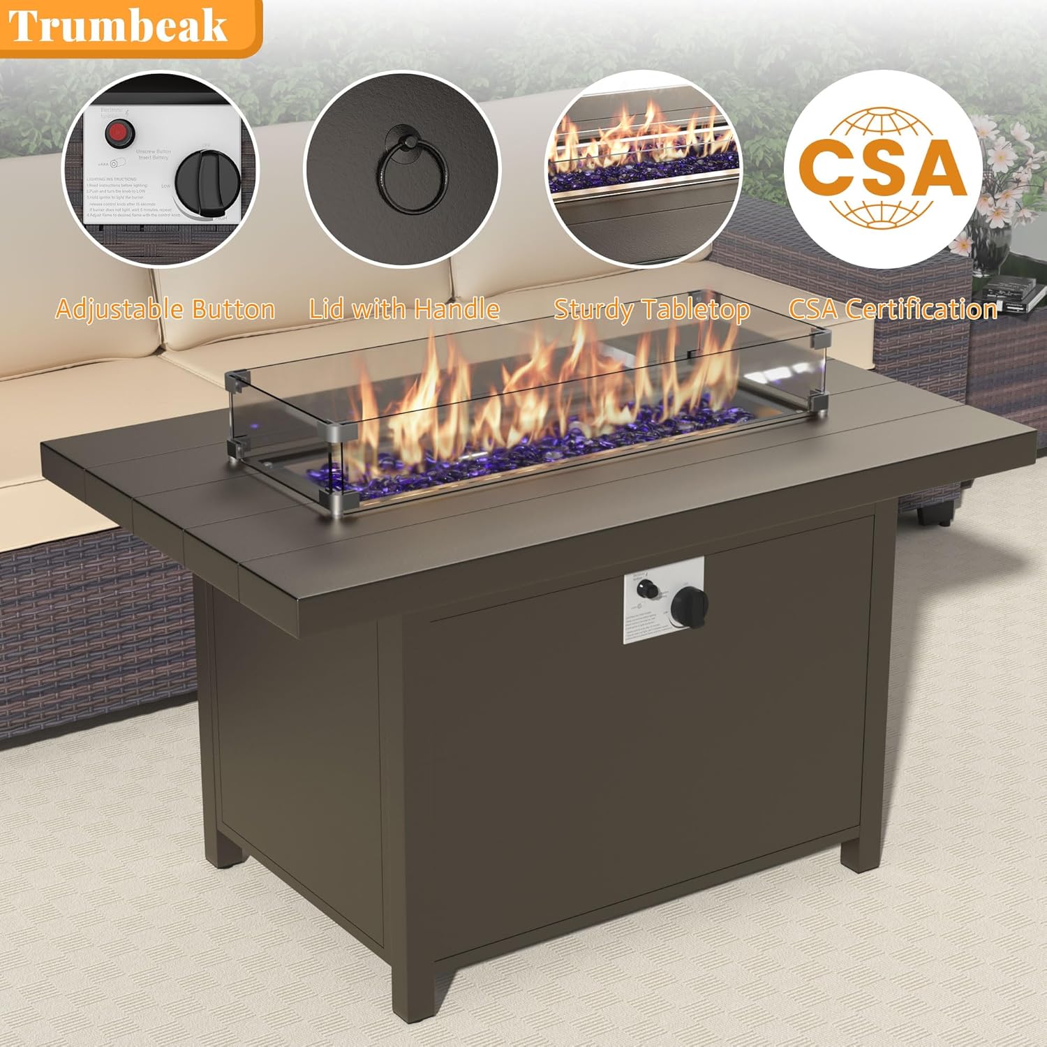 Patio Furniture Set 7 Pieces Outdoor Furniture Patio Conversation Set w/43in Aluminum Gas Fire Pit,PE Rattan Wicker 7 Pcs Outdoor Sofa Set w/55000 BTU Propane Fire Pit Table,Sand