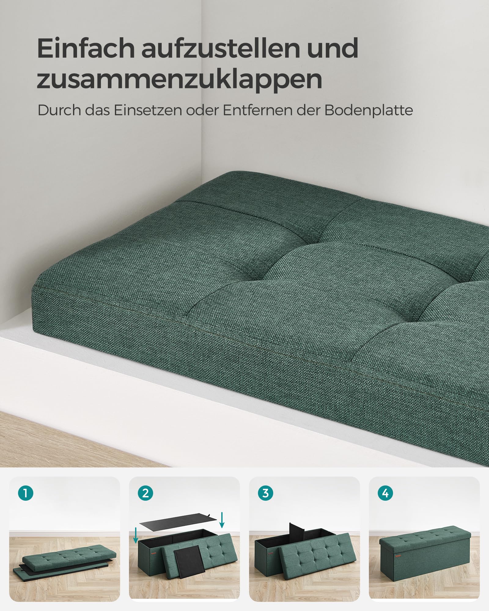 SONGMICS Sitzhocker mit Stauraum, klappbare Sitzbank, 38 x 110 x 38 cm Fußbank, Aufbewahrungsbox, bis 300 kg belastbar, für Wohnzimmer Schlafzimmer Flur, vintagegrün LSF077C01