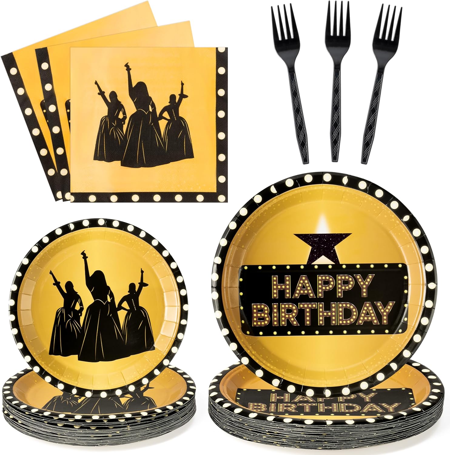 GaofanWai Famous Musical Star Tableware - 96PCS Black & Gold American Musical Theater Party Paper Plate Set for Adult Fans, Inspired Happy Birthday Party Decoration Dinnerware Napkin Fork, 24 Guests