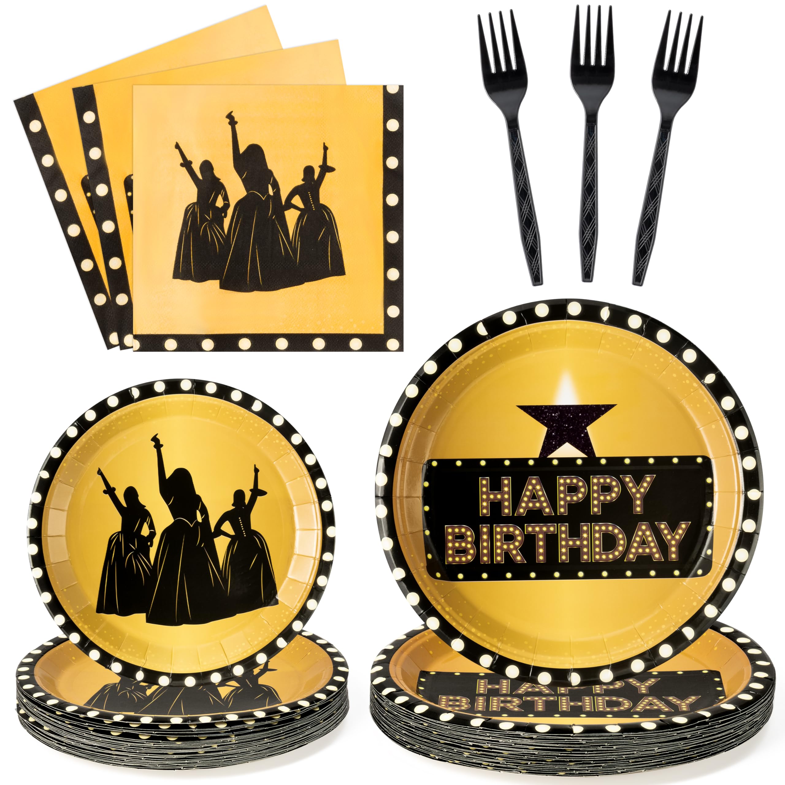 Photo 1 of GaofanWai Famous Musical Star Tableware - 96PCS Black & Gold American Musical Theater Party Paper Plate Set for Adult Fans, Inspired Happy Birthday Party Decoration Dinnerware Napkin Fork, 24 Guests