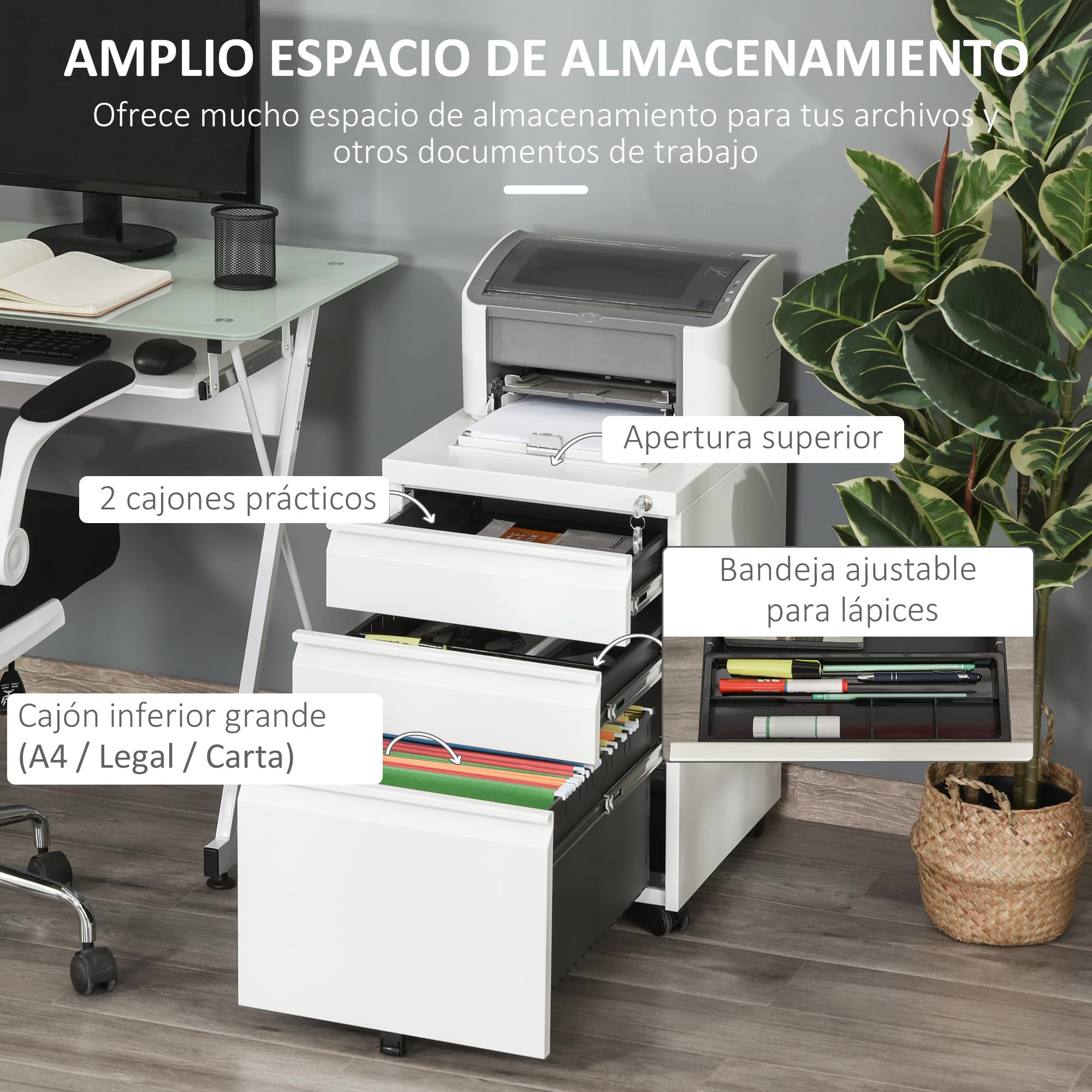 Vinsetto Cajonera de Oficina Mueble Archivador de Acero con 4 Ruedas 3 Cajones Cerradura y 2 Llaves para Tamaño A4 Carta para Estudio Salón 39x48x60 cm Blanco