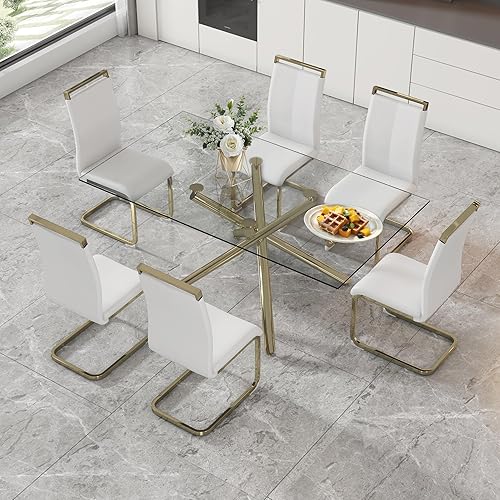 Miniatura 39 de Juego de 6 mesas de comedor de cristal, moderno juego de mesa de comedor de 71 pulgadas con 6 sillas de comedor tapizadas de piel sintética para