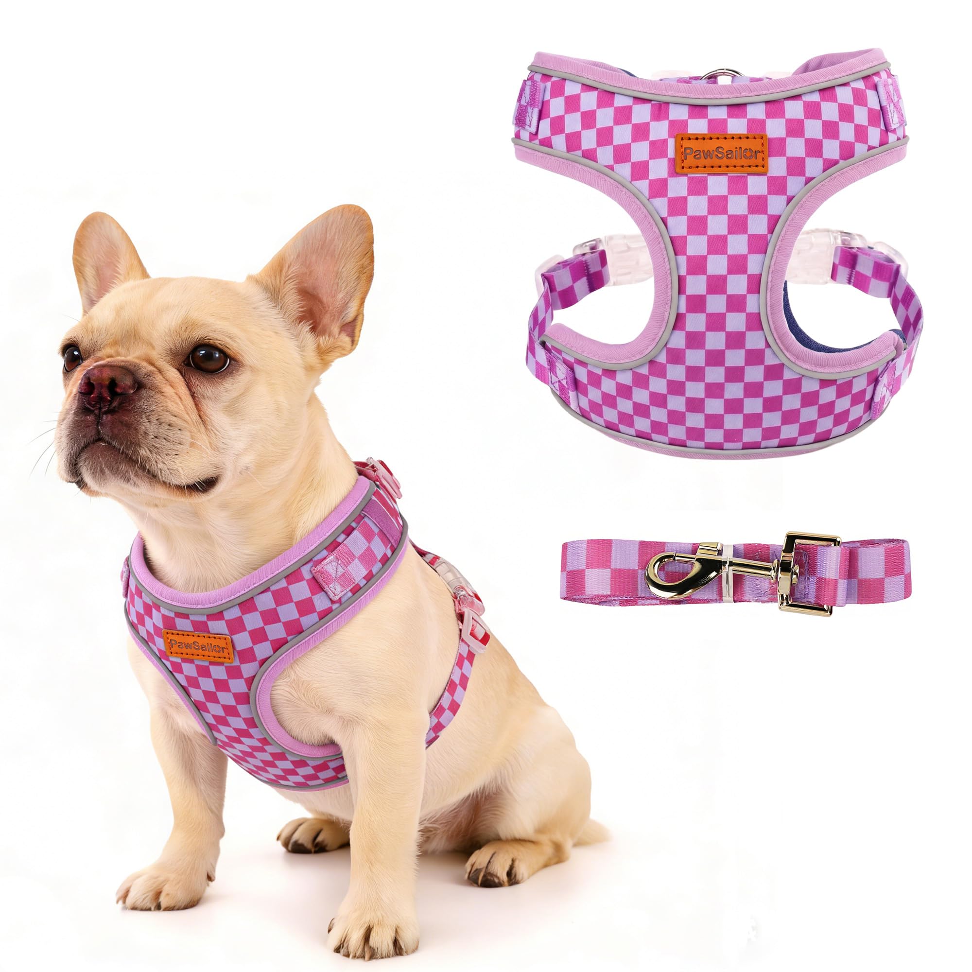 PawSailor Dog Harness Small Dog with Lead Set No Pull Breathable Mesh Puppy Harnesses with Adjustable Buckles Reflective Soft Padded Checkered Pattern Pet Vest for Small Dogs and Cats, Purple M