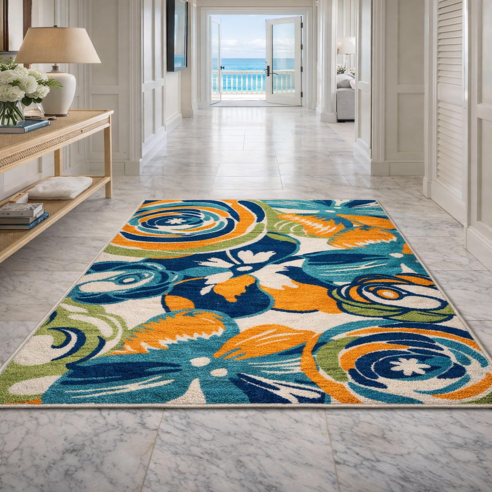 Tappeto Soggiorno Moderni Salotto Camera da Letto,Lavabile, Antiscivolo,Motivo floreale moderno: arancione, blu petrolio, verde, bianco, beige, 140 x 200 cm