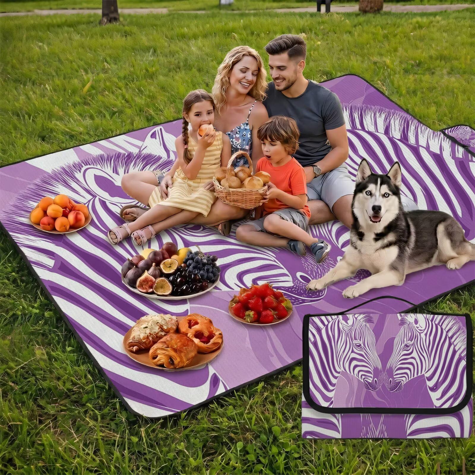 Couverture de Pique-Nique Grande 200x300cm,Outdoor Couverture Imperméable,Pliable Tapis de Plage Dos en PVC Anti-Sable,Picnic Blanket pour Camping Accessoires,Jardin,Parc,Famille - Violet,zèbre UZ-608