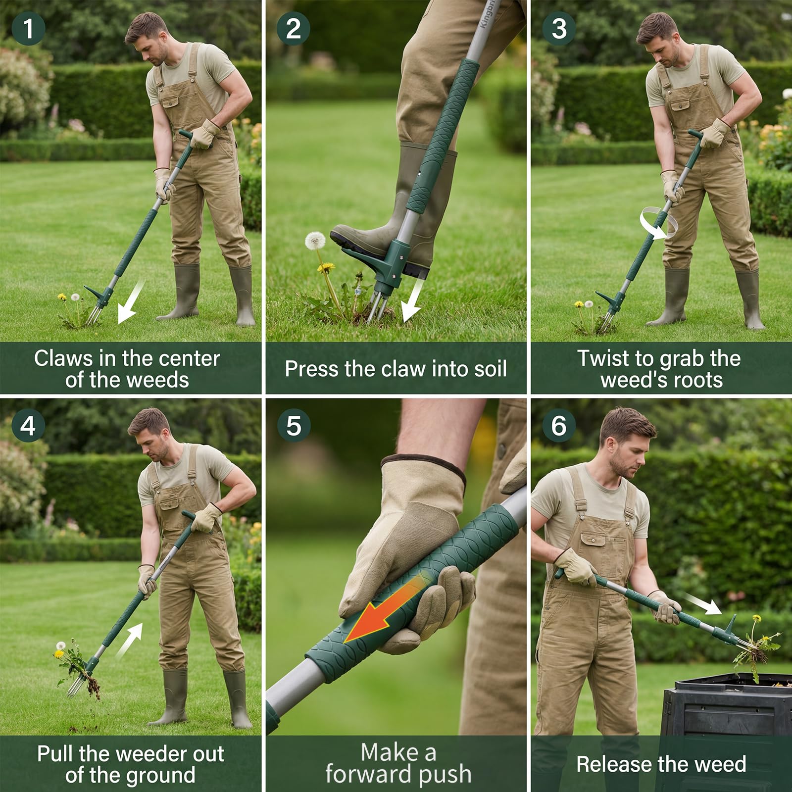 Stand up Weed Puller Root Remover with Long Handle and 3 Claws, Manual Garden Lawn Weeder Tool for Removing Dandelions and Crabgrass — view 6