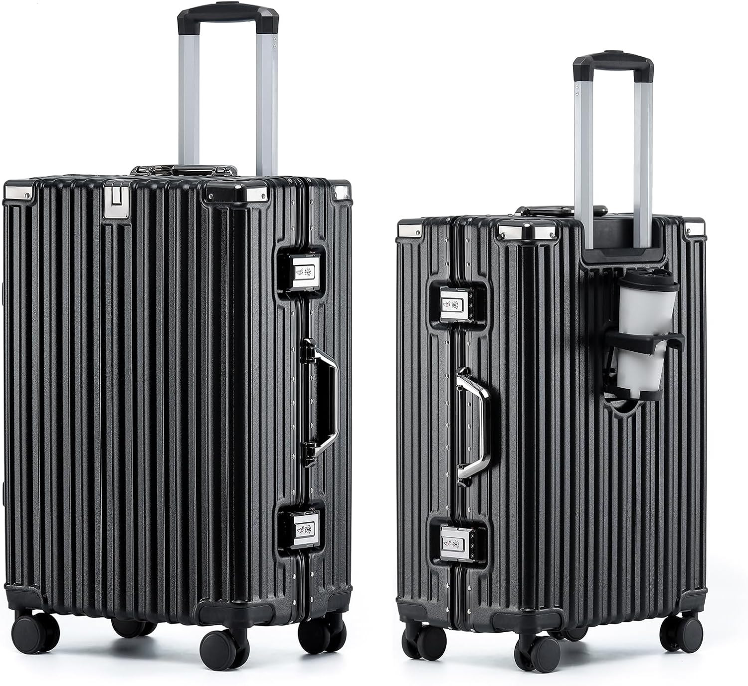 HotWay 20 Inch Aluminum Frame Carry On Luggage with Spinner Wheels, PC Hard Shell Suitcase with Cup Holder, Zipperless Luggage for Business Travel, Black