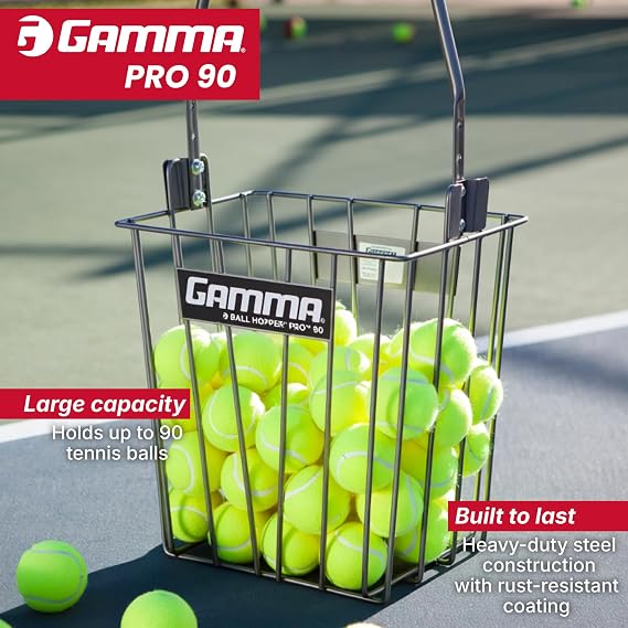 Gamma Ball Hopper Pro 90 - Heavy Duty Tennis Ball Basket with Adjustable Padded Handle - Holds 90 Tennis Balls - Easy Pickup and Carry for Tennis Practice and Coaching
