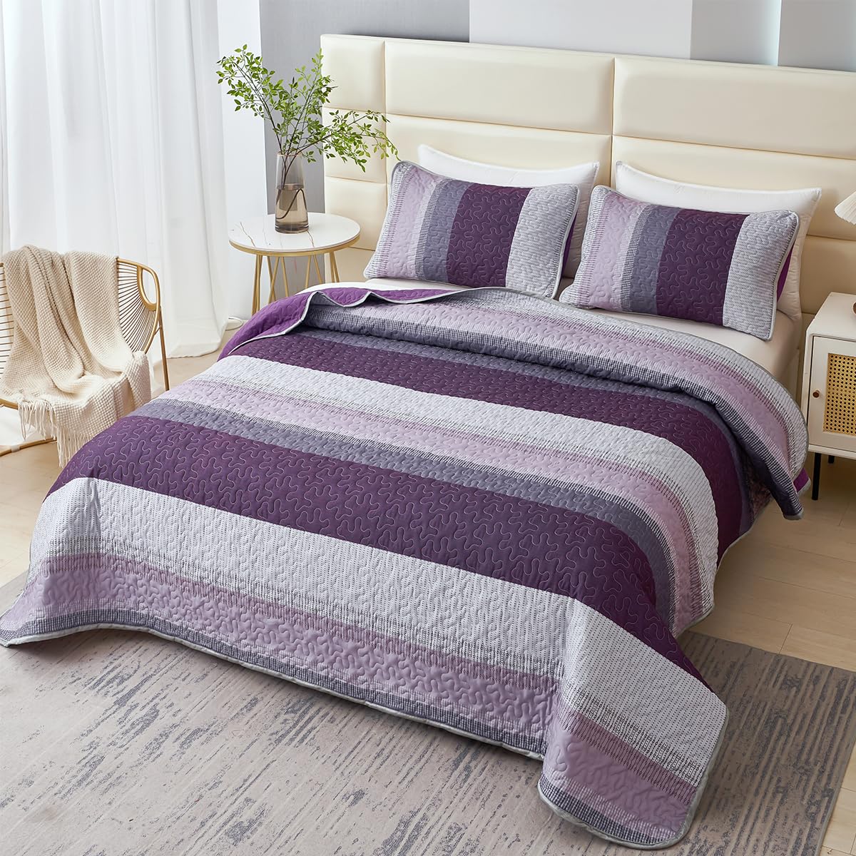 PERFEMET Purple Quilt King Size 3 Pieces Purple Grey Patchwork Striped Quilted Bedding Set Soft Microfiber Modern Bedspread Coverlet for All Season(Purple, King)