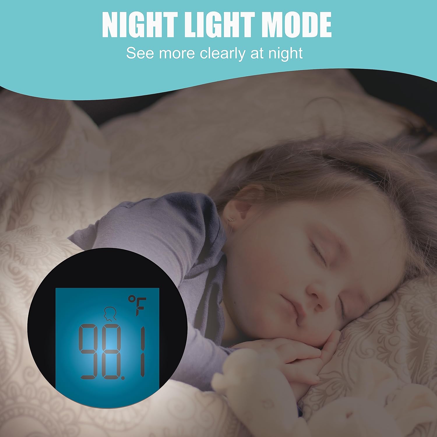 A child sleeping peacefully with the thermometer display showing a clear reading in a dark room, illustrating the night light mode.