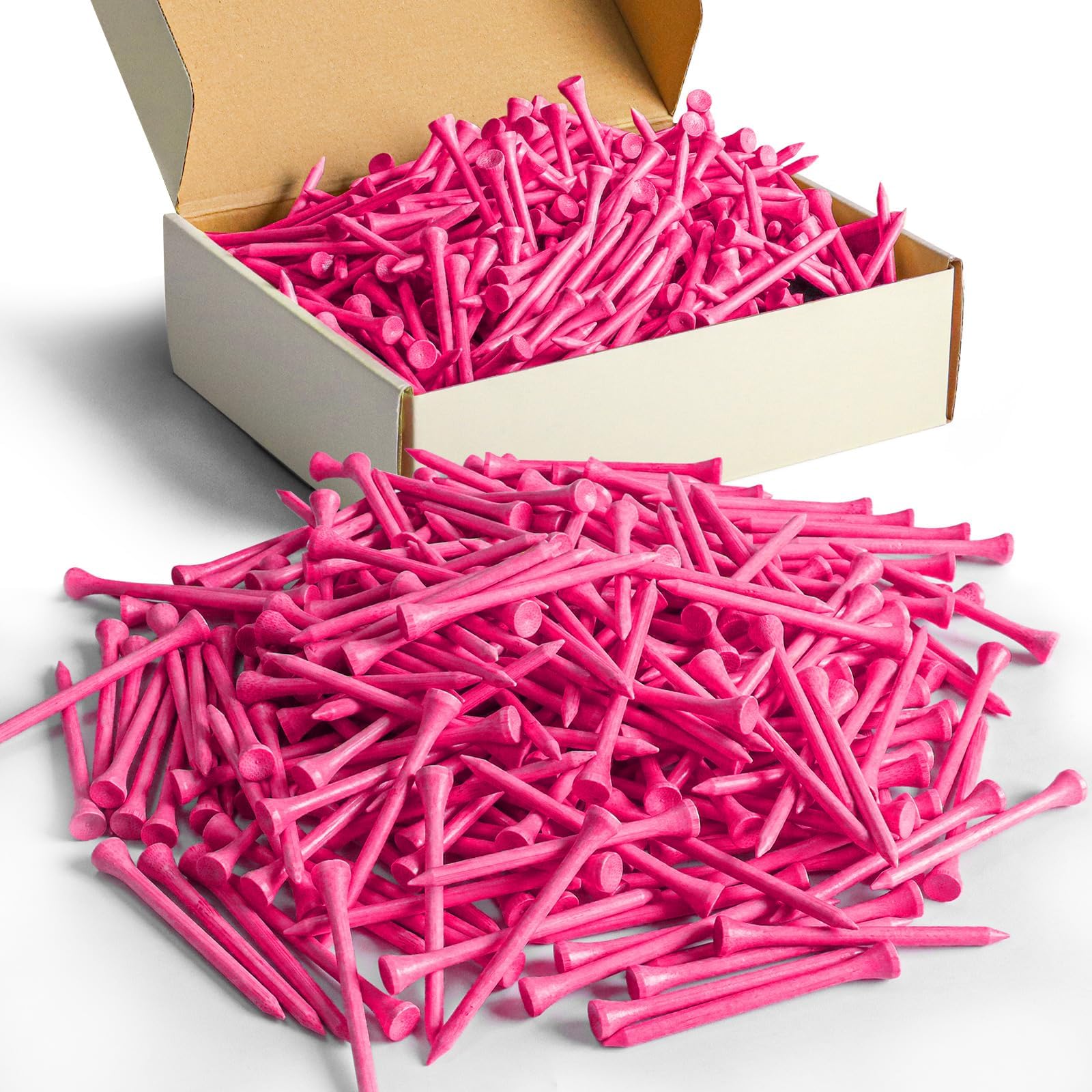 FINGER TEN Bamboo Golf Tees Wood 2 3/4 3 1/4 Inch 83mm 70mm Bulk 250 500 1000 Count, Practice Golf Tee Wooden for Men Women Kids (Pink, 500 Count(3 1/4 Inch))