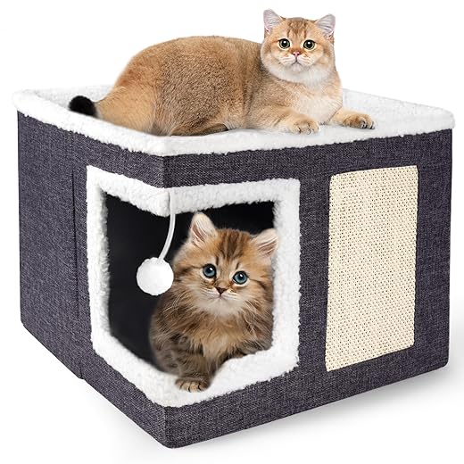 Cat Houses for Indoor Cats - Large Cat Bed Cave with Scratch Pad and Fluffy Ball, Foldable Cat Condo Hideaway with Reversible Cushion for Multi Small Pet, Dark Grey