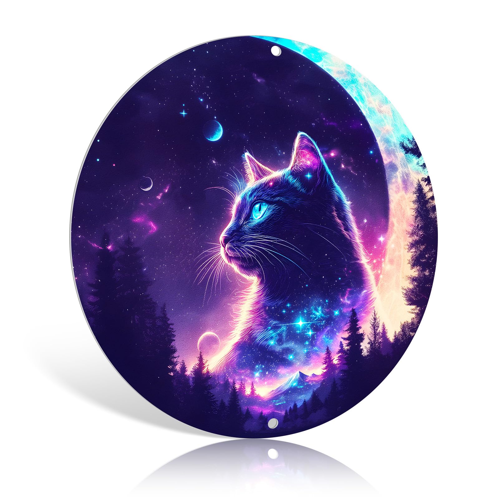 Artinhand Fantasy Purple Starry Sky Cat Round Metal Tin Sign 8X8 Inch Wall Hanging Plaques Poster Art For Bedroom Living Room Bathroom Man Cave Decor