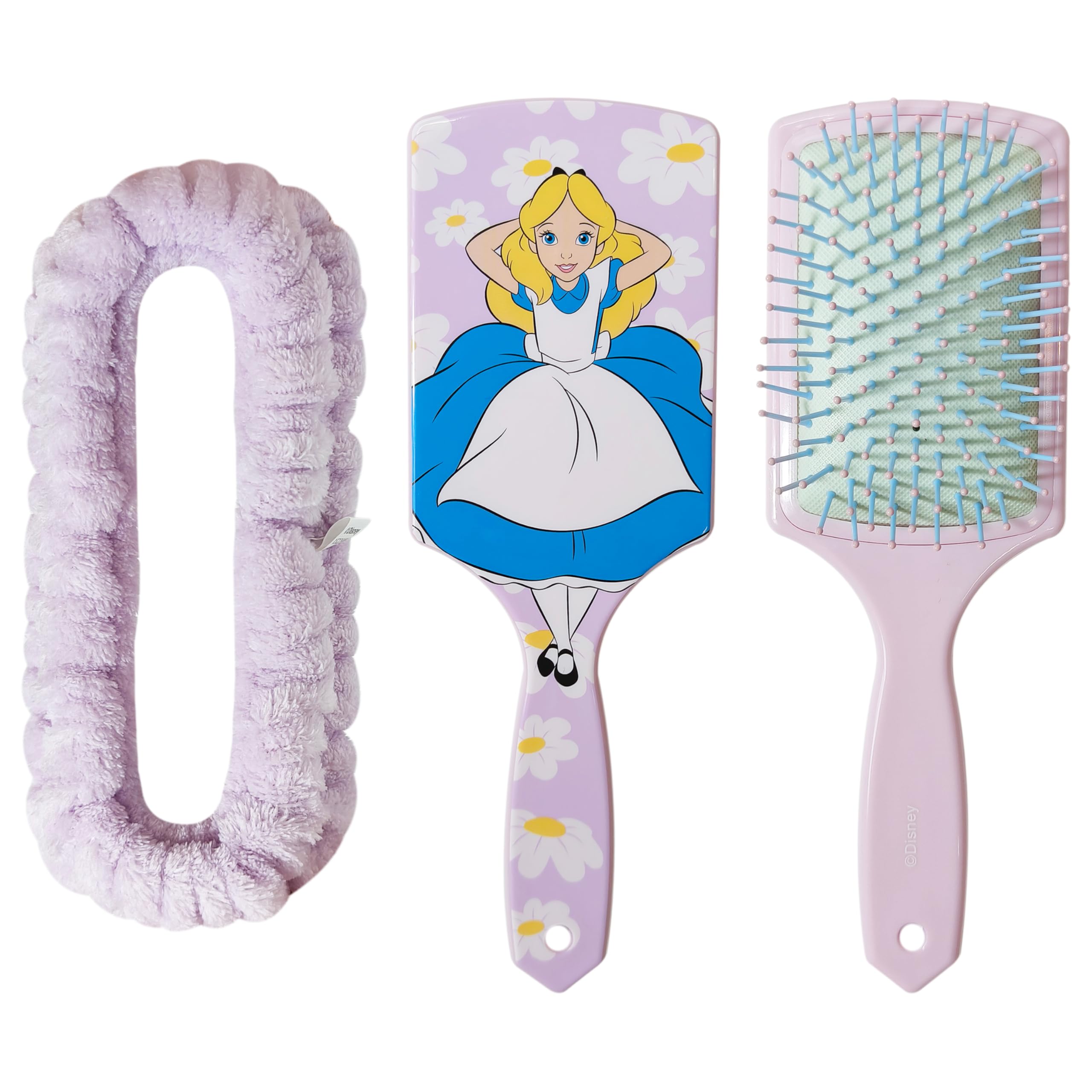 LUV HER Kids Hair Brush & Spa Headband Set for Girls - Features Disney Alice in Wonderland - Fun Grooming Kit for Detangling, Styling & Skincare -