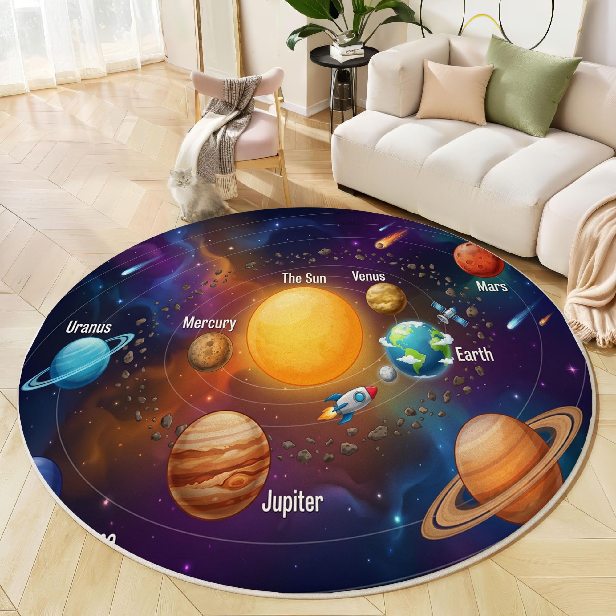 Lavable Tapis Rond Soleil Étoiles Météorites - Violet 100cm Rond - Planètes Spatiales De Dessin Animé Médaillon Tapis De Décoration pour Chambre, Couloir, Salle à Manger