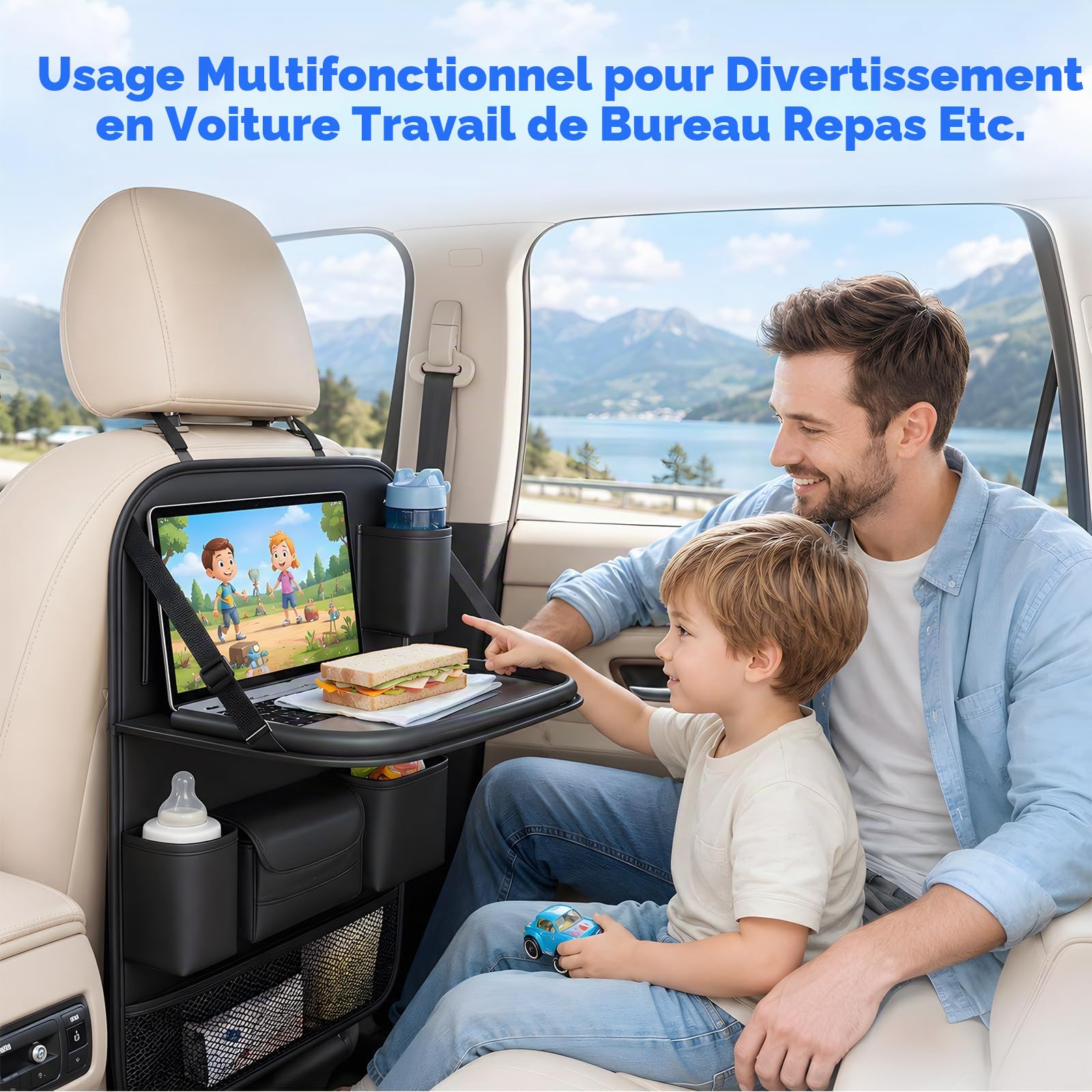 Organiseur de Siège Arrière de Voiture pour Enfants avec Table Pliante et Support de Tablette, Protection de Dossier de Siège Auto, 8 Compartiments, Noir