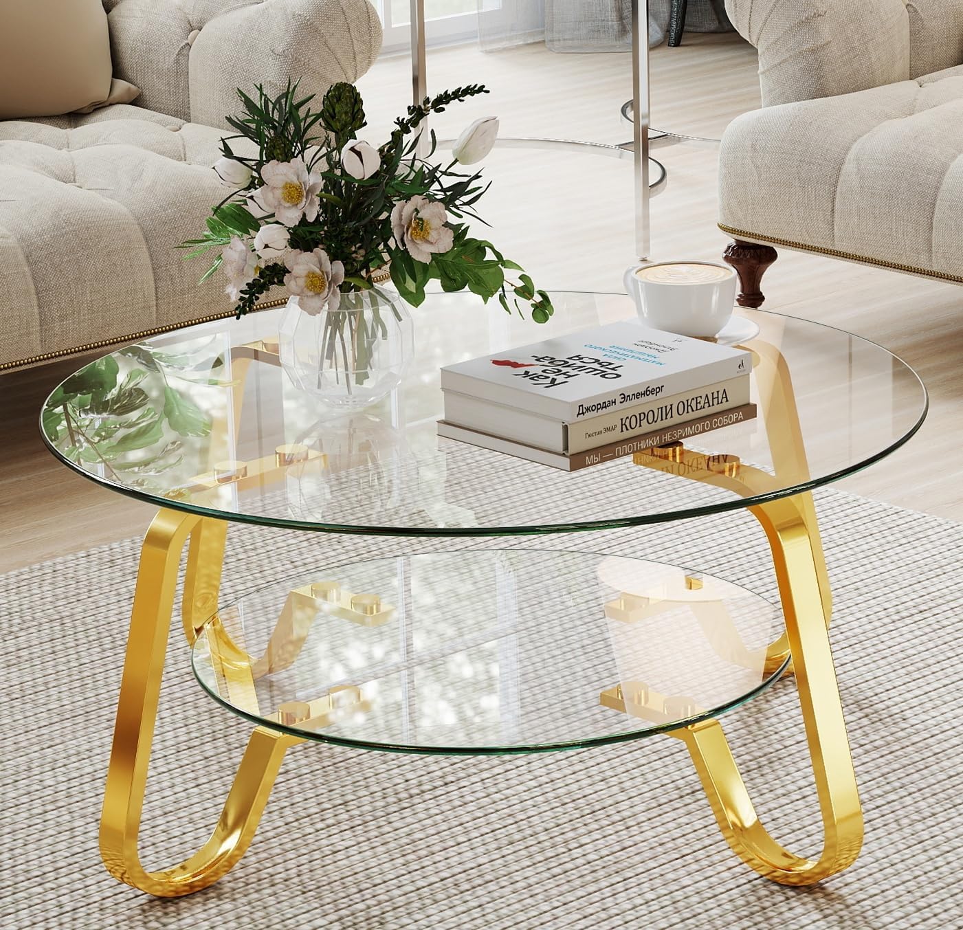 Rovibek Round Glass Coffee Table, 31.5 Modern Glass Coffee Tables with Storage and Metal Frame, 2-Tier Tempered Glass Top Small Center Table for Living Room, Easy Assembly, Black