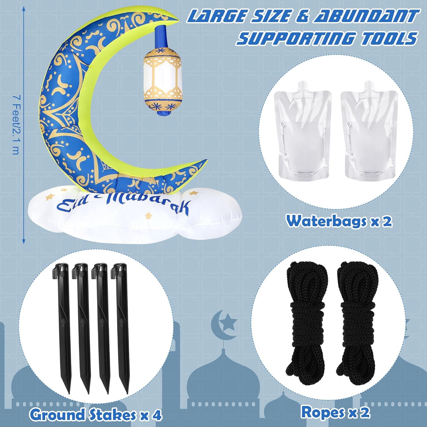 7 Ft Lighted Inflatable Ramadan Eid Mubarak Moon Decoration Blow up Islamic Holy Celebration Decor with LED Lights Islamic Moon Wishing Kareem Muslim Holidays for Outdoor Yard Garden Decor