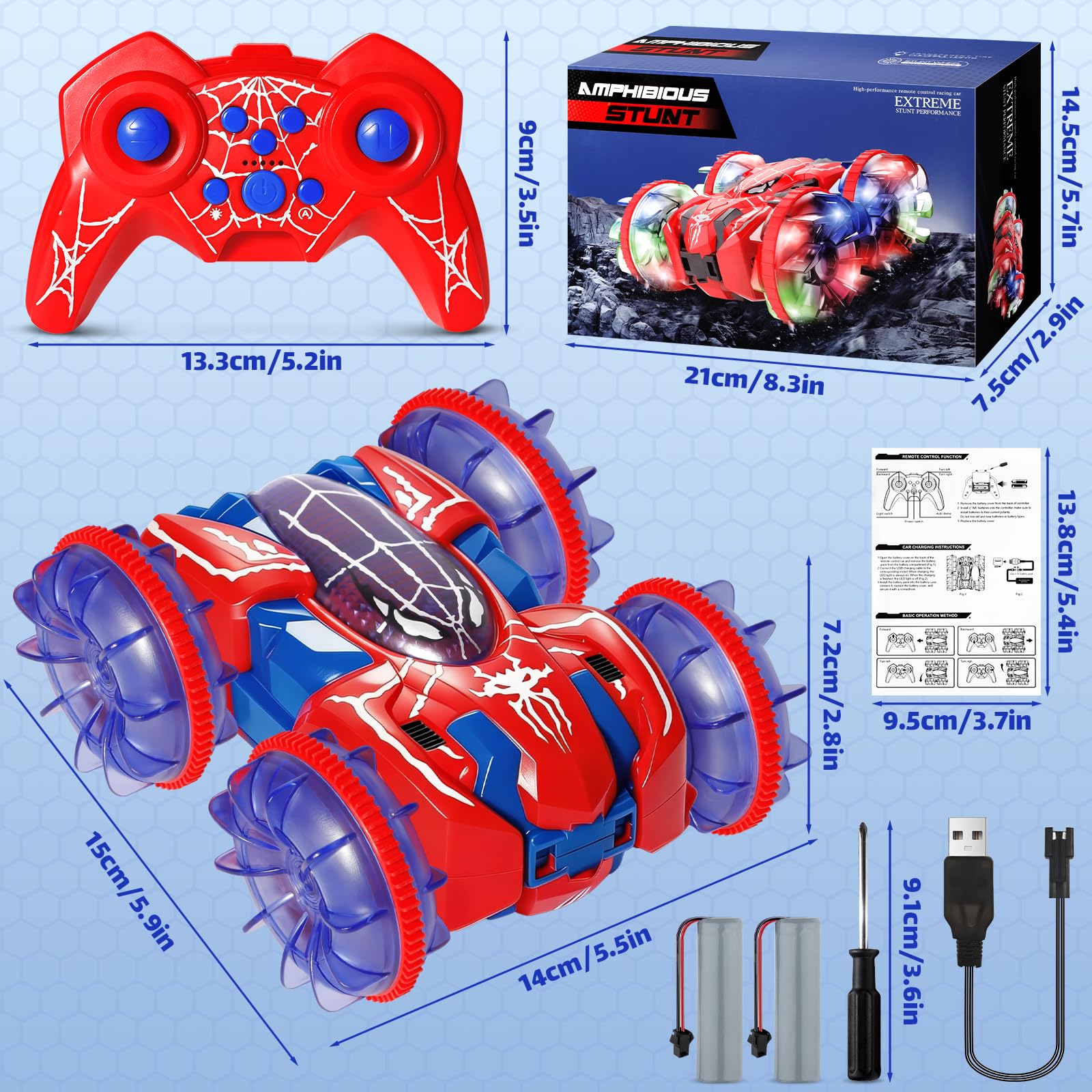 Macchina Telecomandata per Bambini dai 3-10 Anni, Auto RC Anfibia con Rotazione 360° e Luci LED, Monster Truck Telecomandato 2,4 GHz 4x4 per Acqua, Sabbia, Neve, Erba