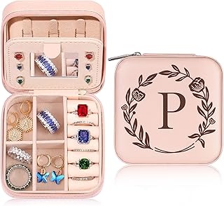 Parima Travel Jewelry Case Small Jewelry Organizer - Mini Jewelry Box Travel Accessories Travel Essentials for Women Her Sister Friends, Ring Bracelet Earring Necklace Holder Organizer Box Initial P