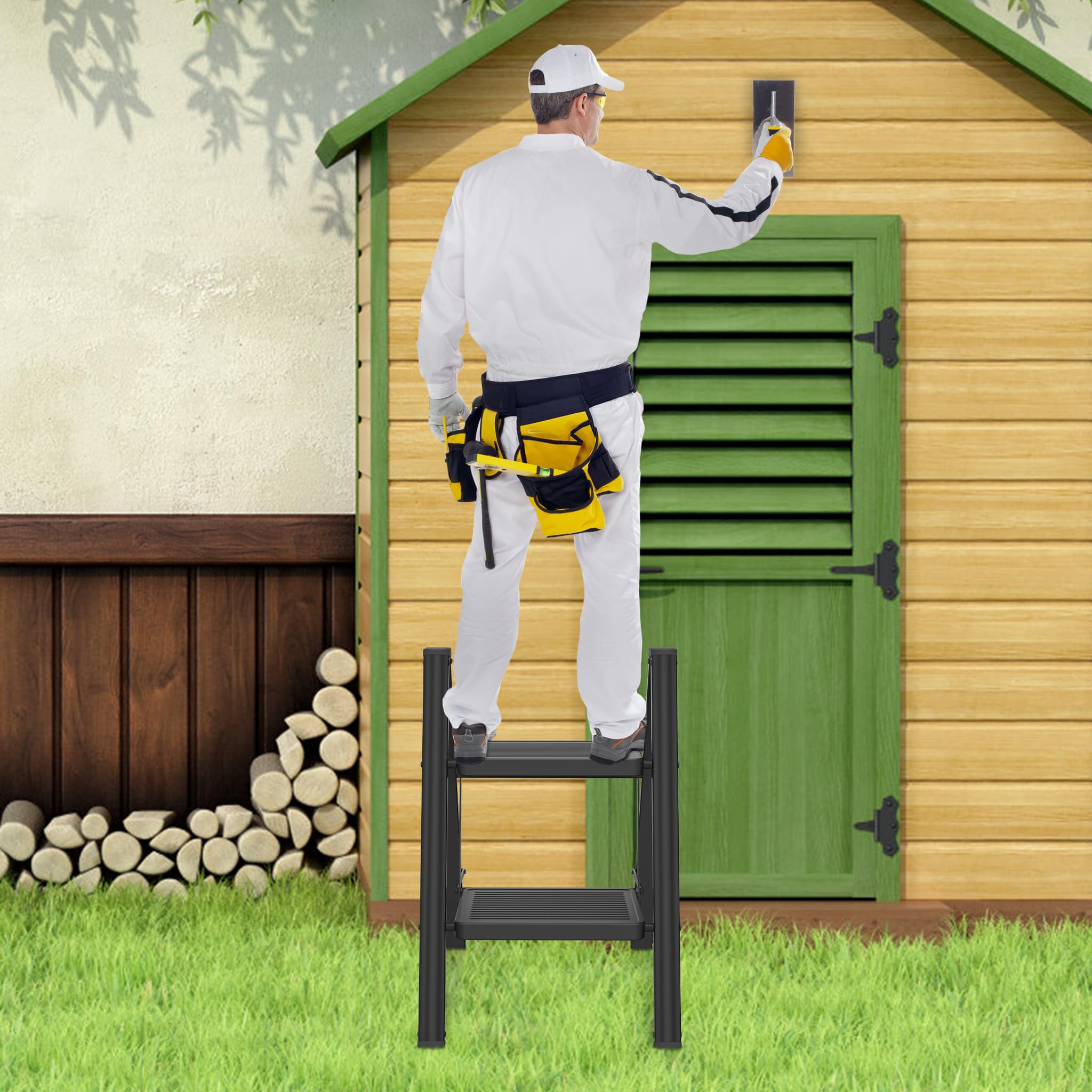 FIVMEN Scaletta a 2 gradini pieghevole, scala pieghevole per la casa con ampio pianale di 30x20 cm, portata fino a 270 kg, nera
