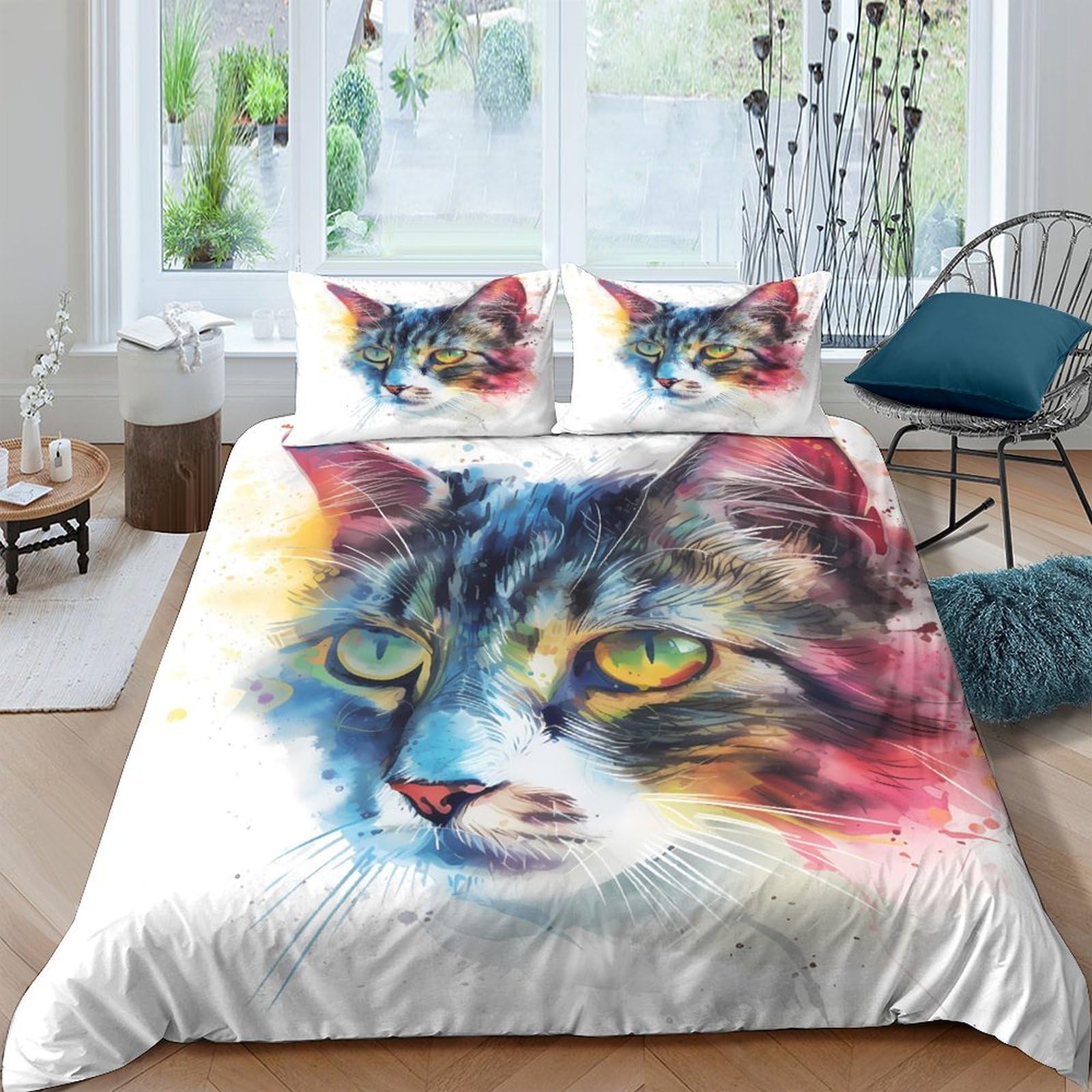 Ctjqhvkz Style-5 3D Printed Watercolor Cat Fitted Sheet Microfiber Soft Breathable Artistic Cat Bed Cover For Bedroom Dorm Decor Single（135X200cm）