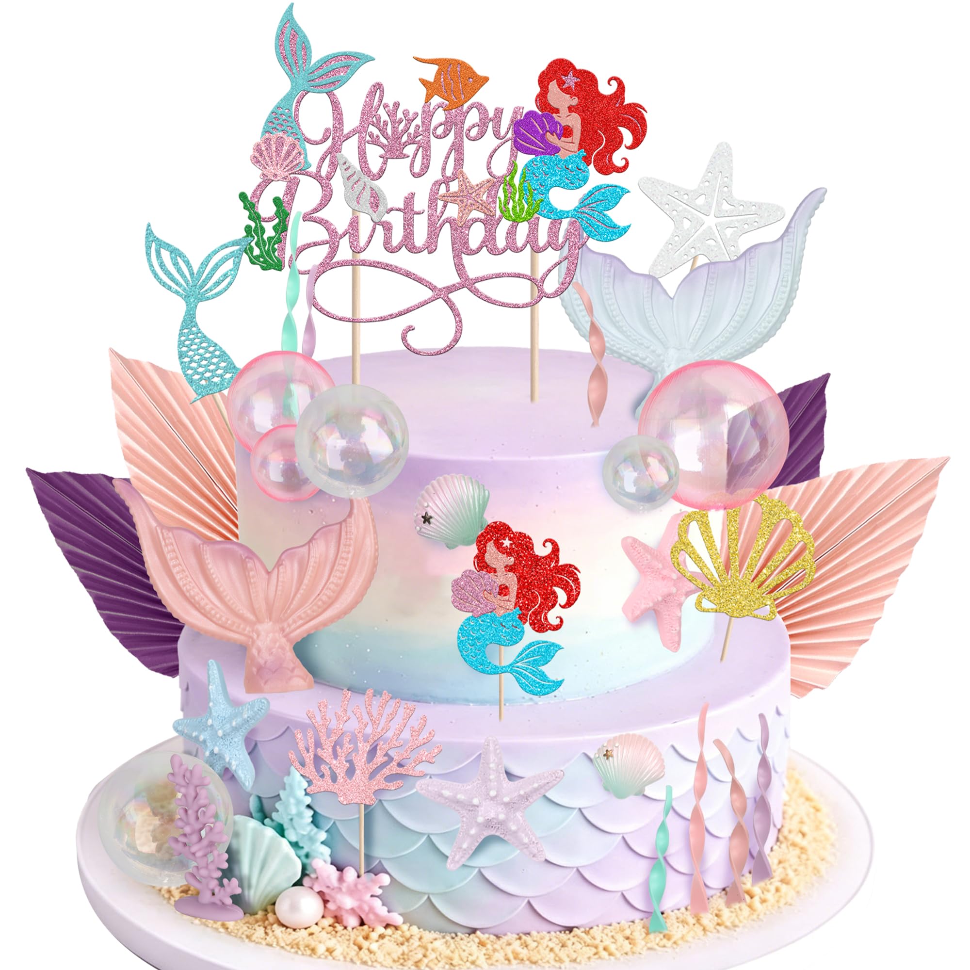 SYKYCTCY 33 Pack Mermaid Cake Topper Mermaid Cake Decorations Mermaid Tail Seaweed ShellsStarfish Ball Cake Toppers for Mermaid Birthday Party Baby Shower Under The Sea Decorations — image 1