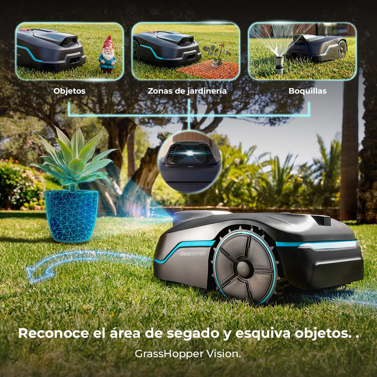 Cecotec Robot Cortacésped sin Cables - Reconocimiento de Objetos y Cámara Conga Grasshopper 800 ProAI. Autonomía hasta 800m², Corte Regulale Entre 30-60 mm, Control App, IPX5