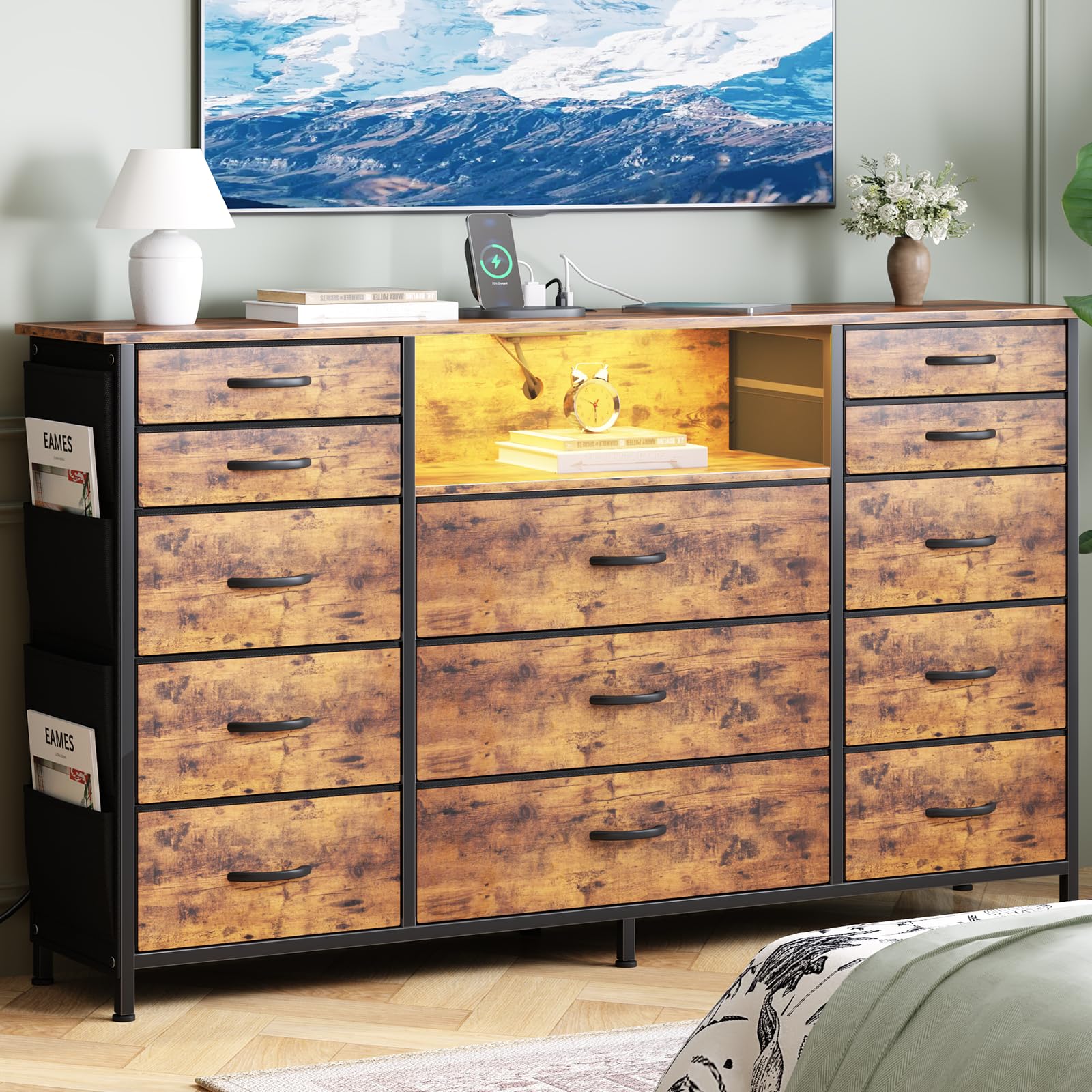 hchqhs dresser for bedroom with 13 drawers, 47 inch fabric dresser with remote control lights, side pockets & hooks for closet or large tv stand (rural brown)