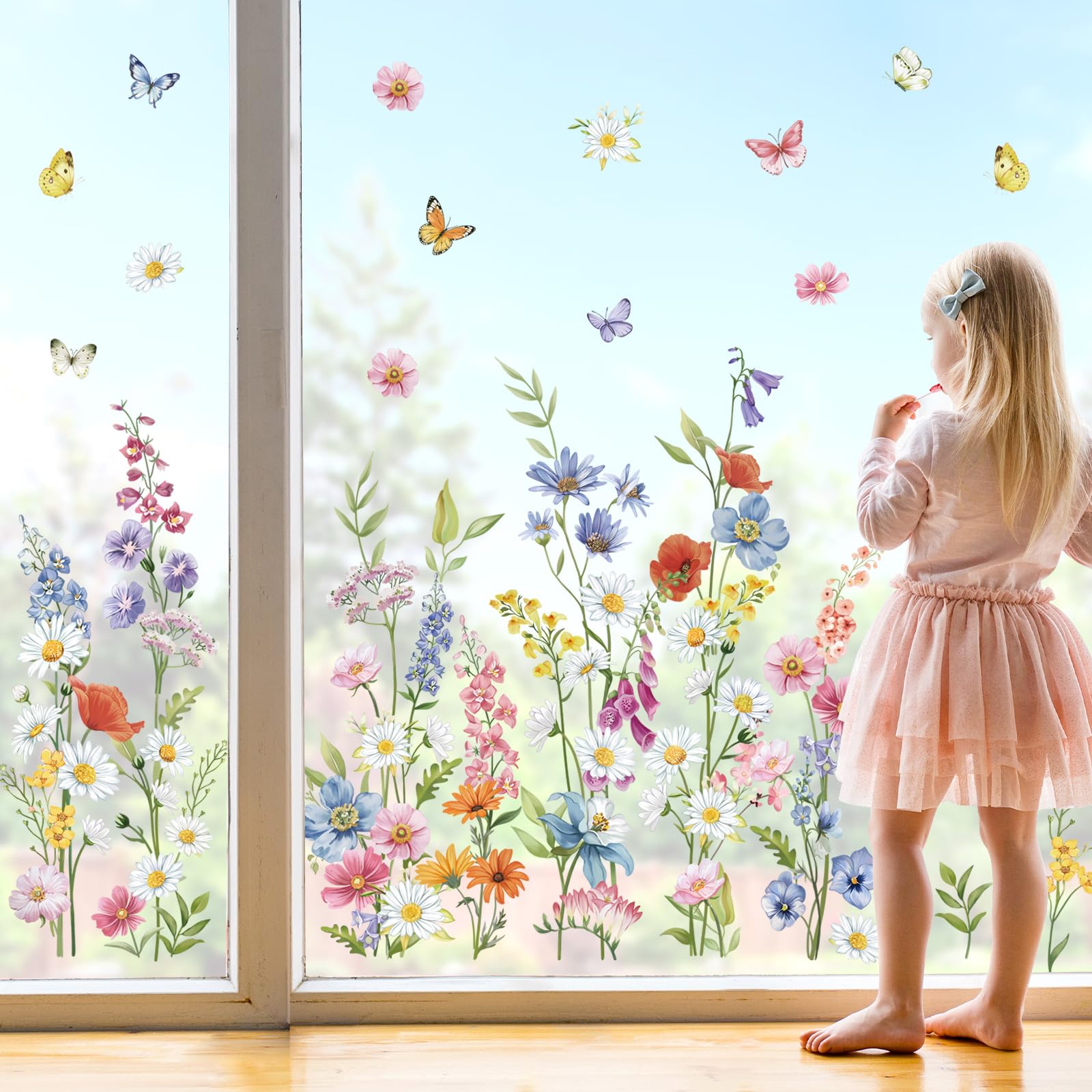 wondever Spring Flower Daisy Window Clings Wildflower Floral Butterfly Glass Sticker Decal Anti Collision Double-Side Static Window Stickers for Home Glass Window