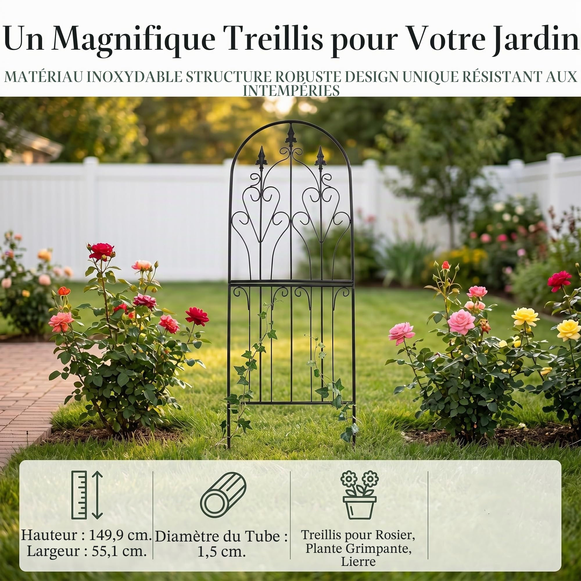 Treillis pour Plantes Grimpantes 150 cm x 55 cm x 1,3 cm Métal Design Unique Structure Décorative de Jardin Résistante aux Intempéries Treillis Extérieur Décor Fleures Roses Vignes Lierre Clématites