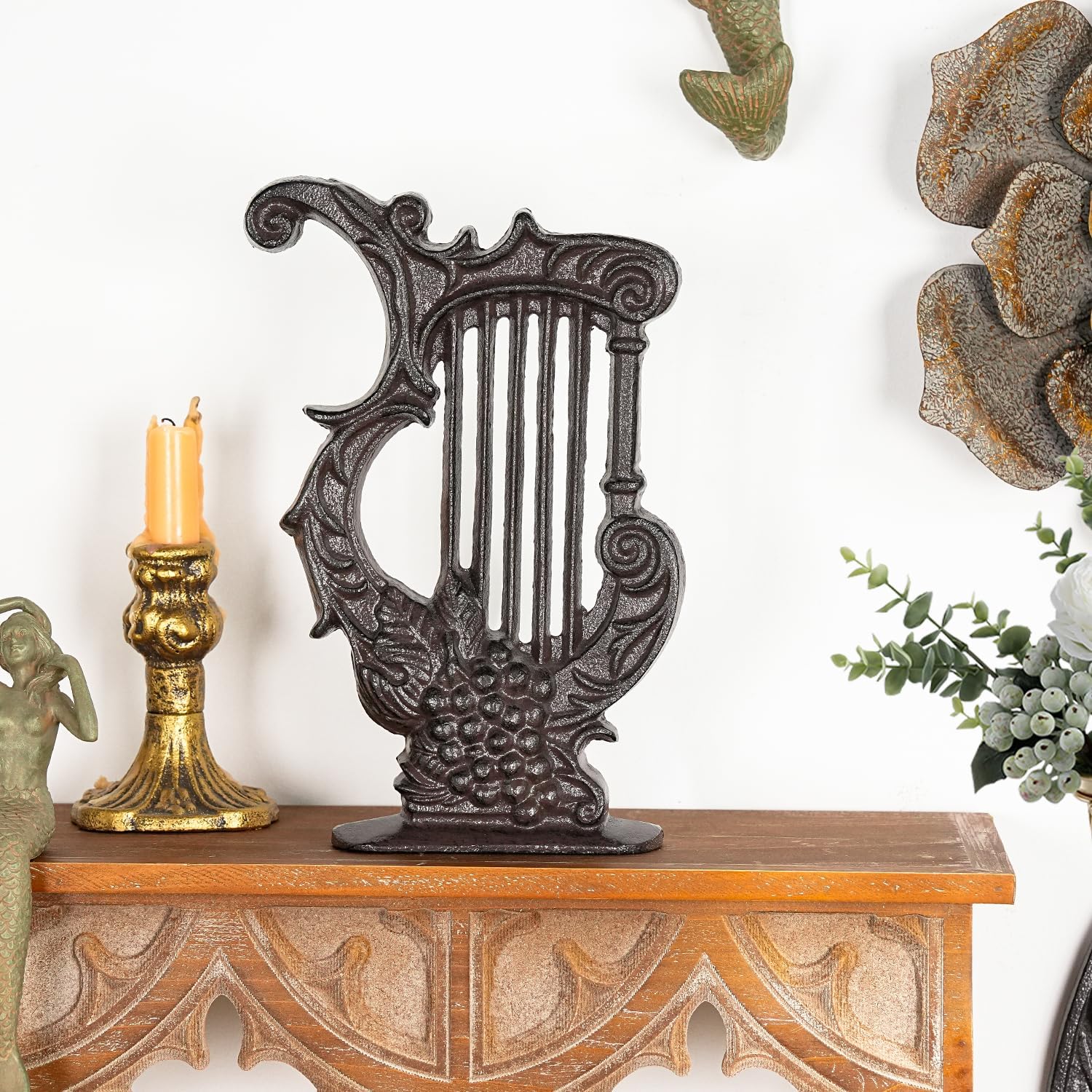 Sungmor Vintage Cast Iron Lyre Figurine - Antique Music Instrument Sculpture, Decorative Harp Accent for Shelf, Mantel, Desk, Home & Office Décor - Image 7