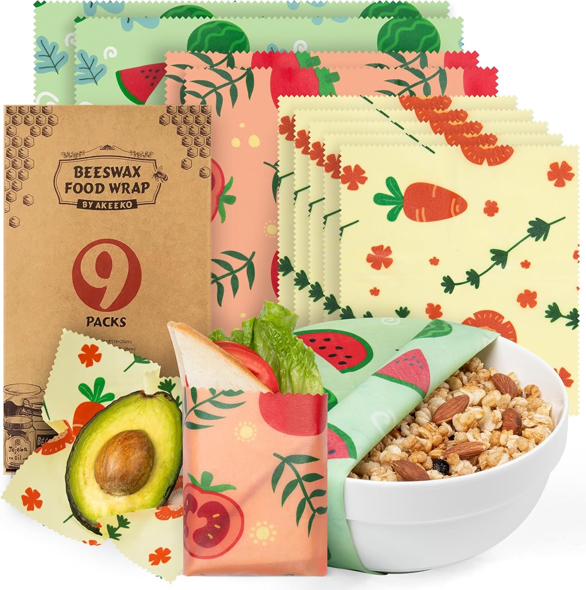 Reusable Beeswax Food Wraps - Assorted 9 Packs, Reusable, Plastic-Free Food Storage, 5 Small, 2 Medium, 1 Large, 1 Extra Large Wraps with Cute Fruits Pattern