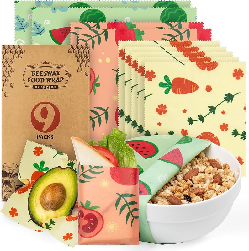 Reusable Beeswax Food Wraps - Assorted 9 Packs, Reusable, Plastic-Free Food Storage, 5 Small, 2 Medium, 1 Large, 1 Extra Large Wraps with Cute Fruits Pattern