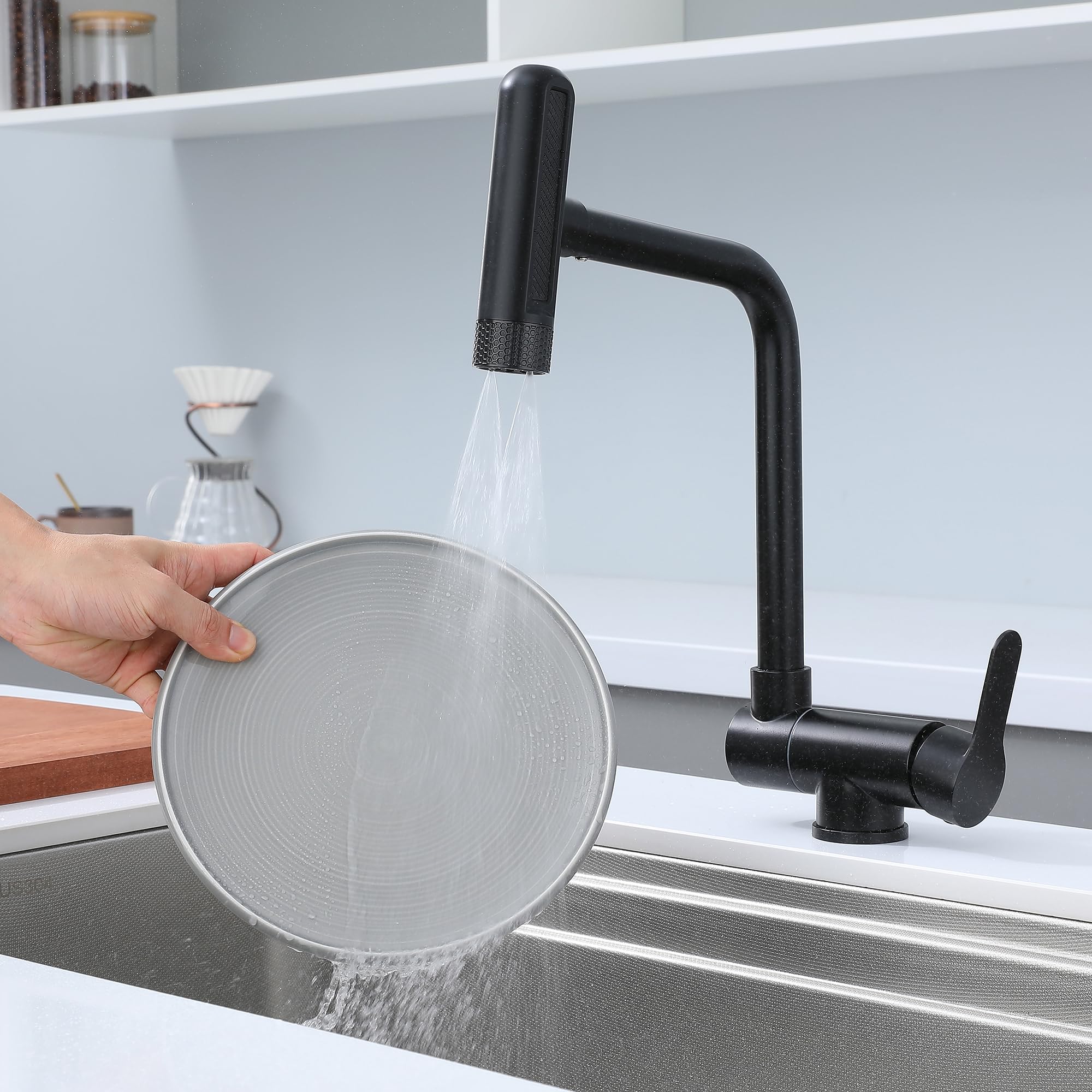 Grifo Cocina Abatible negro, Grifo Abatible Cocina 4 Modos De Descarga De Agua,Grifo De Fregadero Plegable, Grifo Monomando Bajo Ventana De Acero Inoxidable 304 (negro)