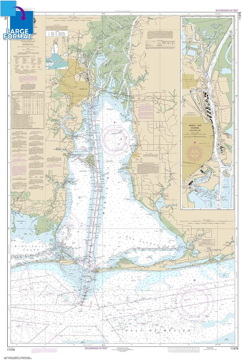 Paradise Cay Publications, Inc. Large Format NOAA Chart 11376: Mobile Bay Mobile Ship Channel-Northern End (42" x 62")