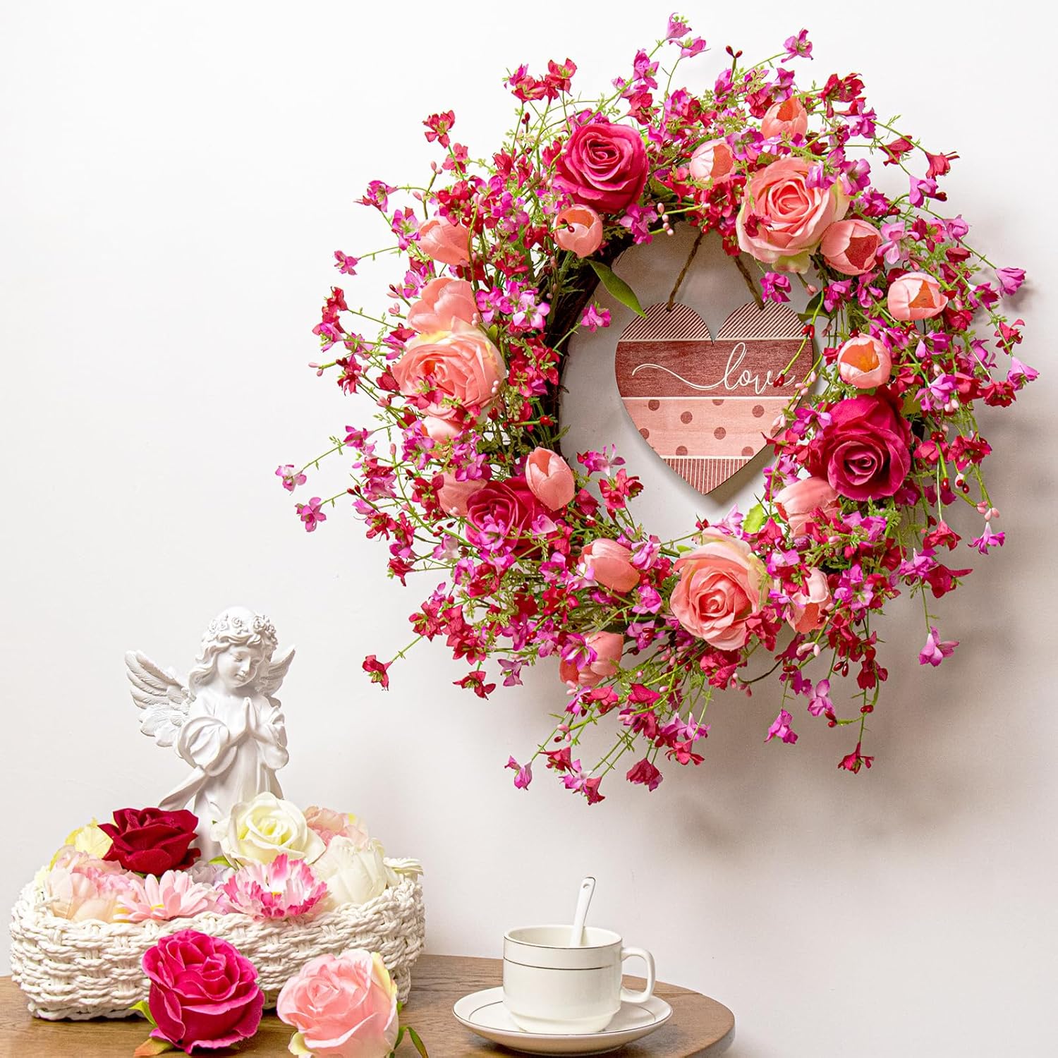 Valentines Day Wreaths for Front Door 22 Inch Valentines Wreath Artificial Valentine's Day Wreath with Red Pink Roses Tulips and Heart-Shaped Wooden Plaque for Valentine's Wedding Anniversary