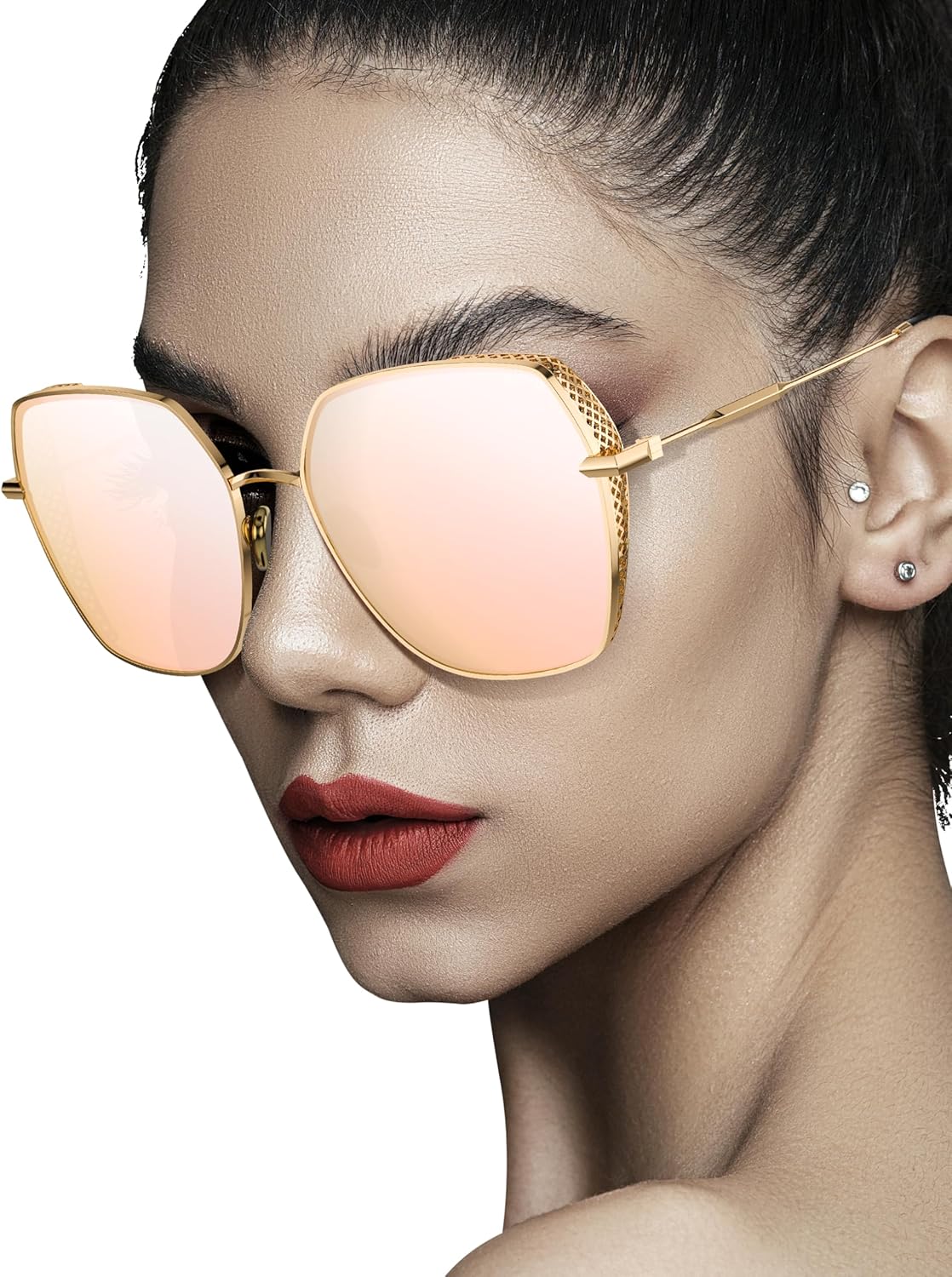 LUENX Women's Oversized Sunglasses, Retro Square Metal Geometric Design with Lattice Side Detailing, UV Protection, Anti-Glare, Perfect for Daily Wear, Travel & Parties (Pink Lens) - Image 2