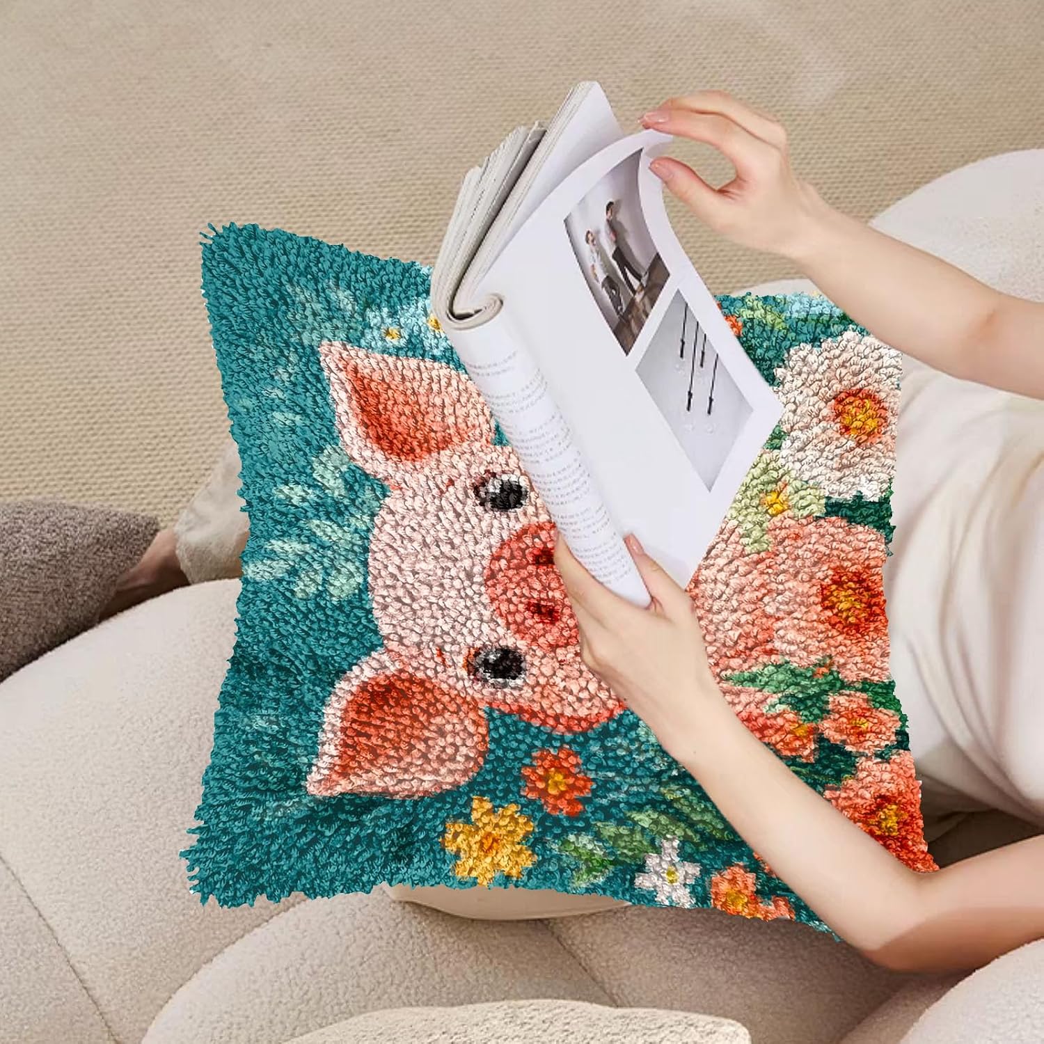 Generic DIY Latch Hook Pillow Cover Kit - Pig Theme - Multicolored - 43x43cm - Modern Style - Embroidery Kit - Non-Foldable - Suitable for Kids & Adults