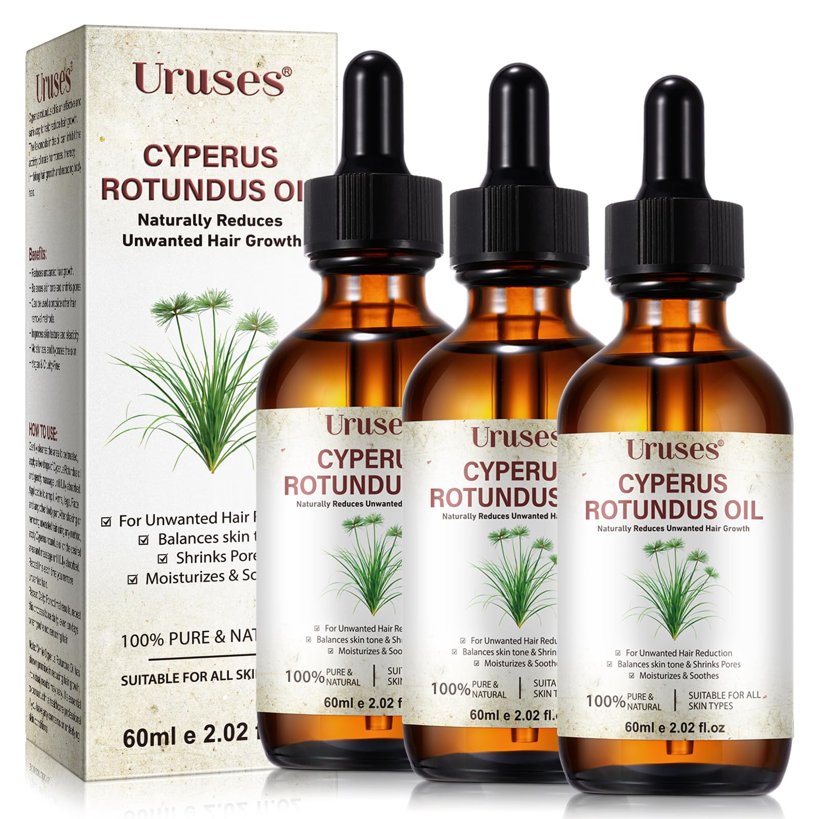 3Pack Cyperus Rotundus Oil, Natural Cyperus Rotundus Oil for Hair Removal, Reduces Unwanted Hair Growth, Moisturizes & Soothes The Skin, Suitable for All Skin Types