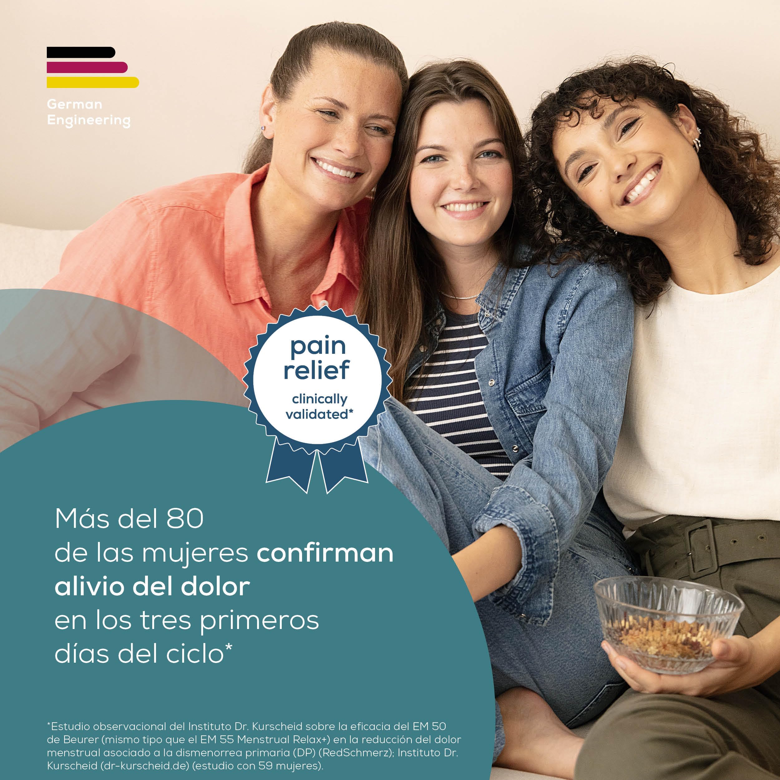 Beurer EM 55 Menstrual Relax+ , contra el dolor menstrual y el dolor de la endometriosis, TENS y función de calor, con batería recargable, superficie de calor más grande, turquesa