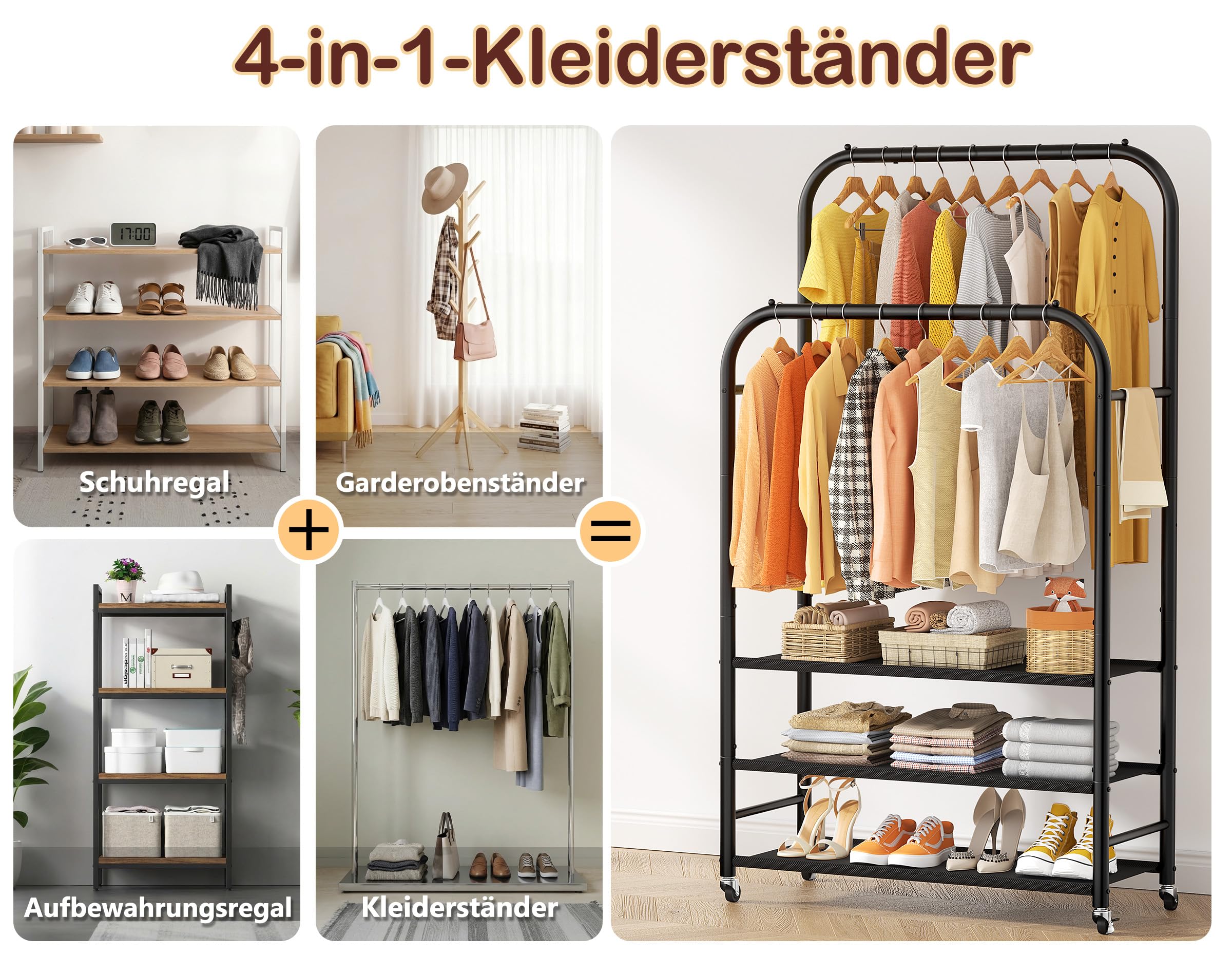 HOMIDEC Kleiderständer mit 3 Ablagen, Doppelstange Kleiderstange auf Rollen, Metallrahmen, Geeignet für Schlafzimmer, Waschküche, Wohnzimmer, Bekleidungsgeschäfte, bis 80 kg Belastbar, Schwarz