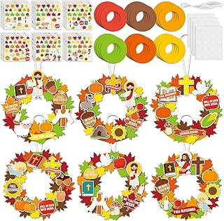 24 Sets Fall Religious Craft Kit Christian DIY Wreath Crafts Kit with Jesus Pumpkin Maple Leaves Stickers Hanging Ornament for Autumn Thanksgiving Halloween Sunday School Church Activities Home Decor