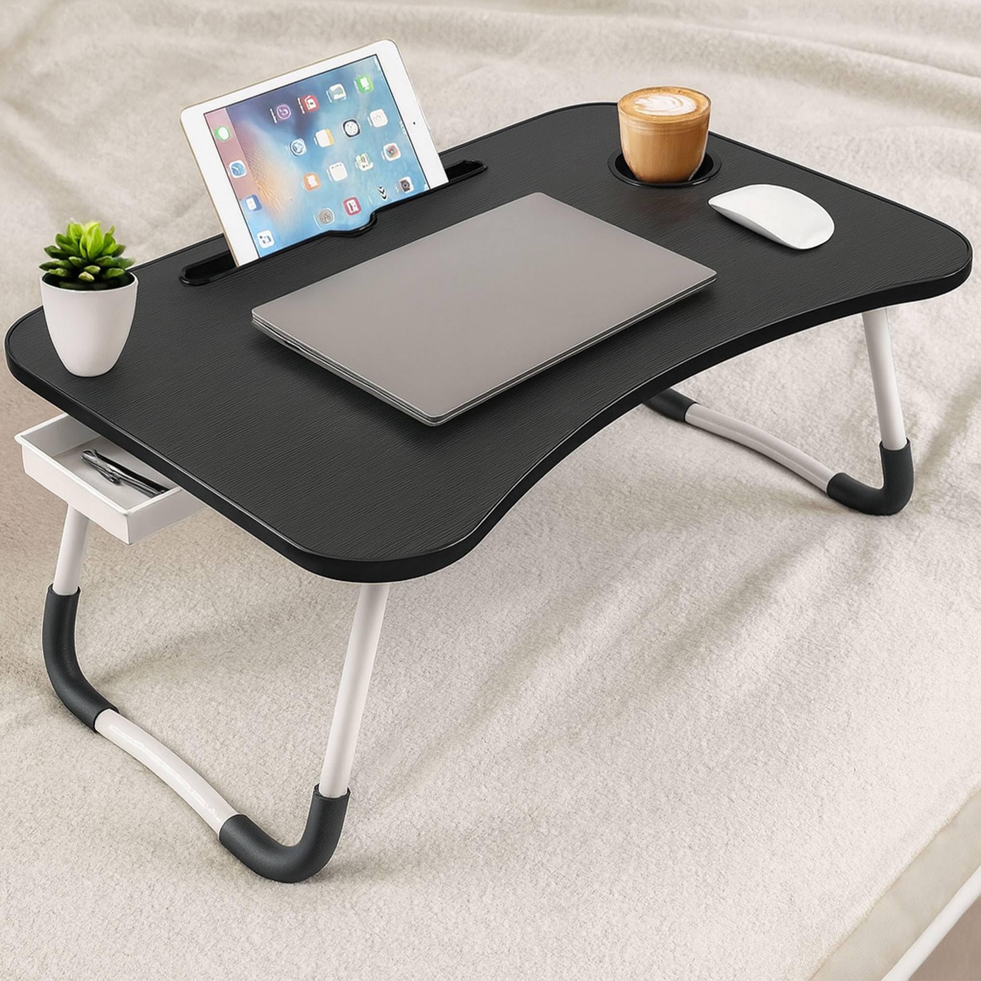 Vassoio da portata pieghevole per letto, colore nero, 60 x 40 x 26 cm