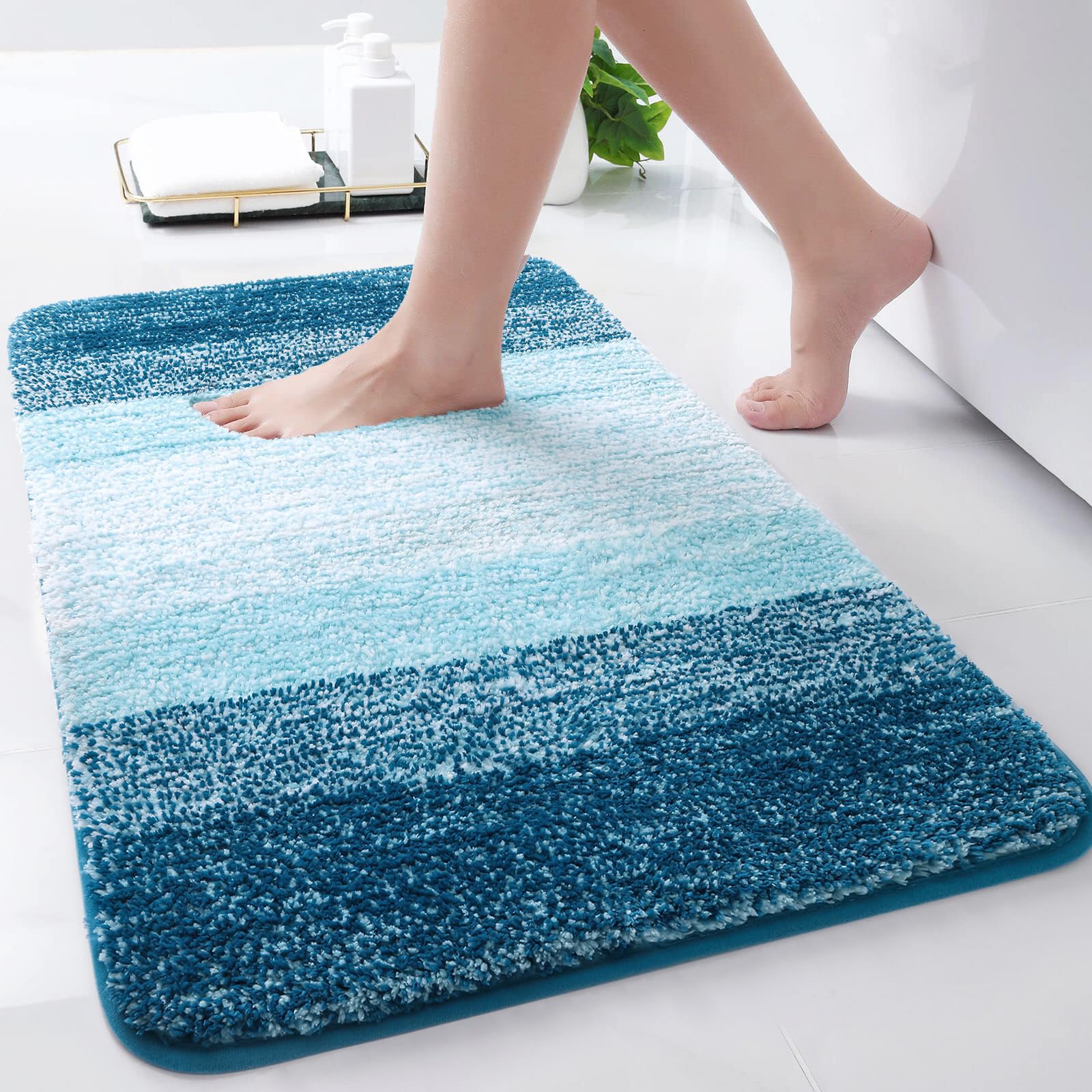 Arotive Microfiber Bathroom Rugs, Shaggy Soft and Absorbent Bath Rug, Non-Slip, Thick Plush Machine Washable Dry Bath Mats for Bathroom, Tub and Shower, 24x16, Peacock Blue