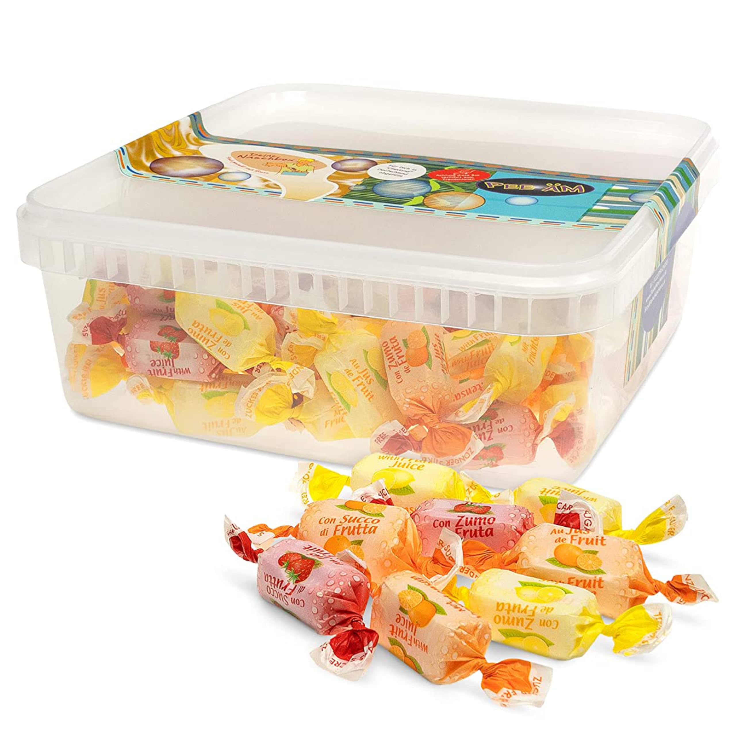 Deine Naschbox | Zuckerfreie Fruchtsaft Toffees | 500g Naschbox | XL Fruchtbonbon Großpackung | Kaubonbons | Zitrone Orange & Erdbeer Geschmack